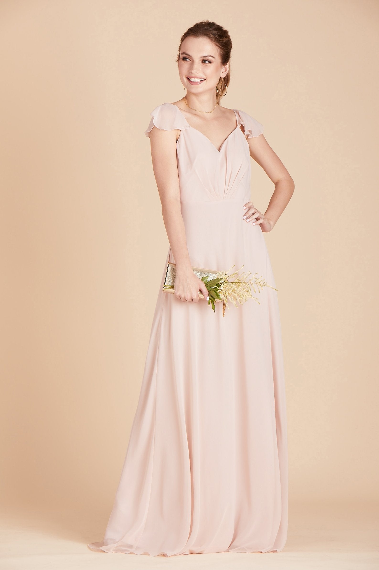 Kae bridesmaids dress in pale blush pink chiffon by Birdy Grey, front view