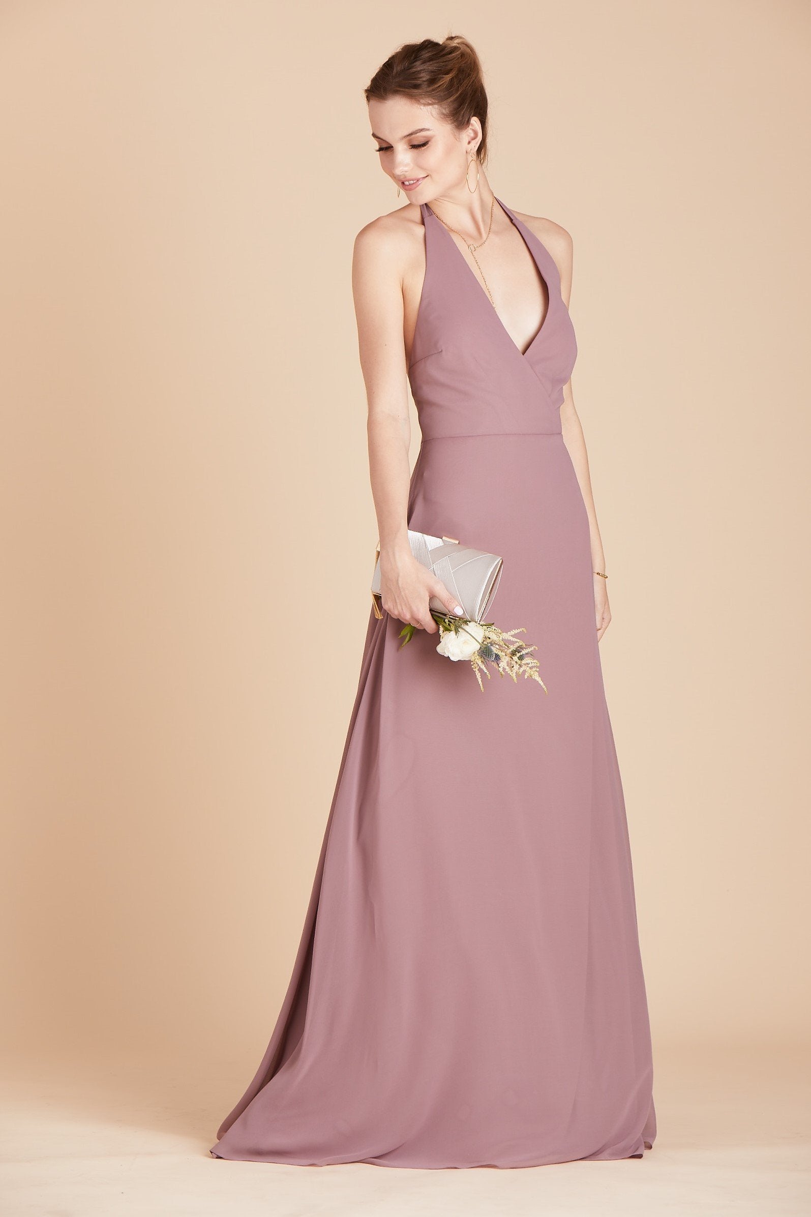 Moni convertible bridesmaids dress in dark mauve purple chiffon by Birdy Grey, side view