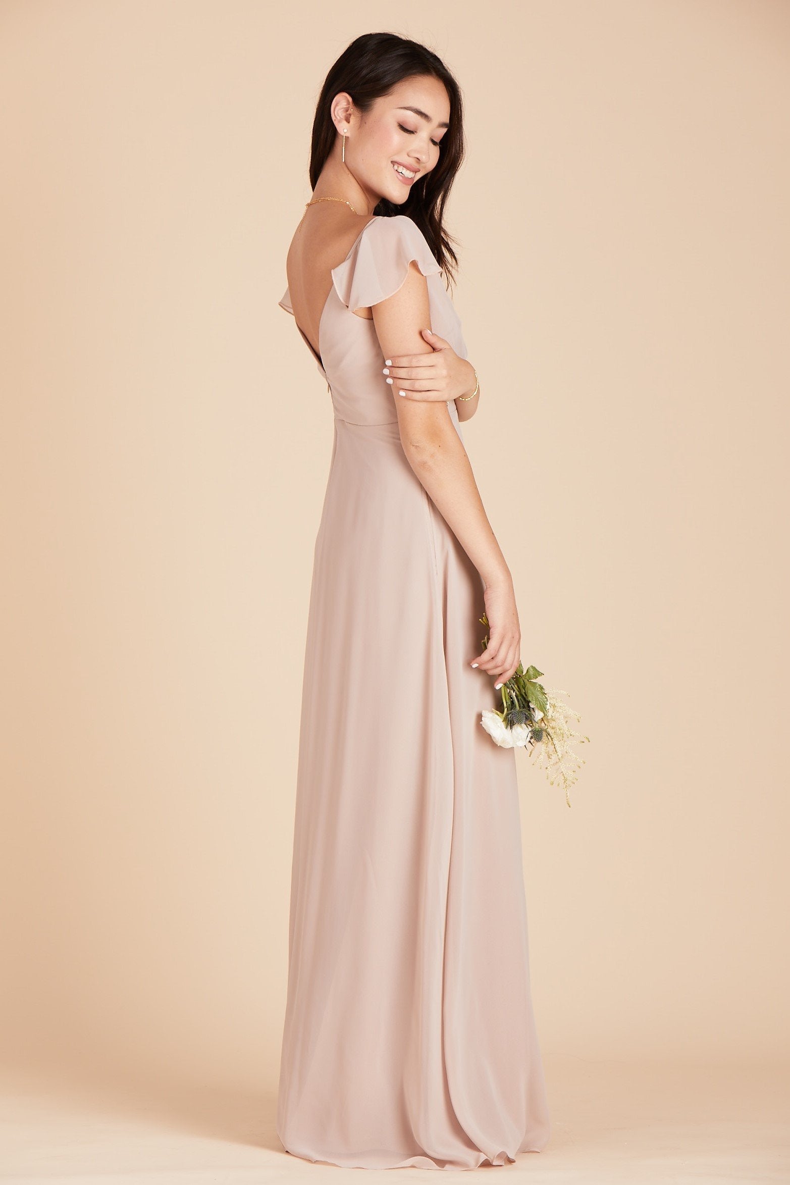 Kae bridesmaids dress in taupe chiffon by Birdy Grey, side view