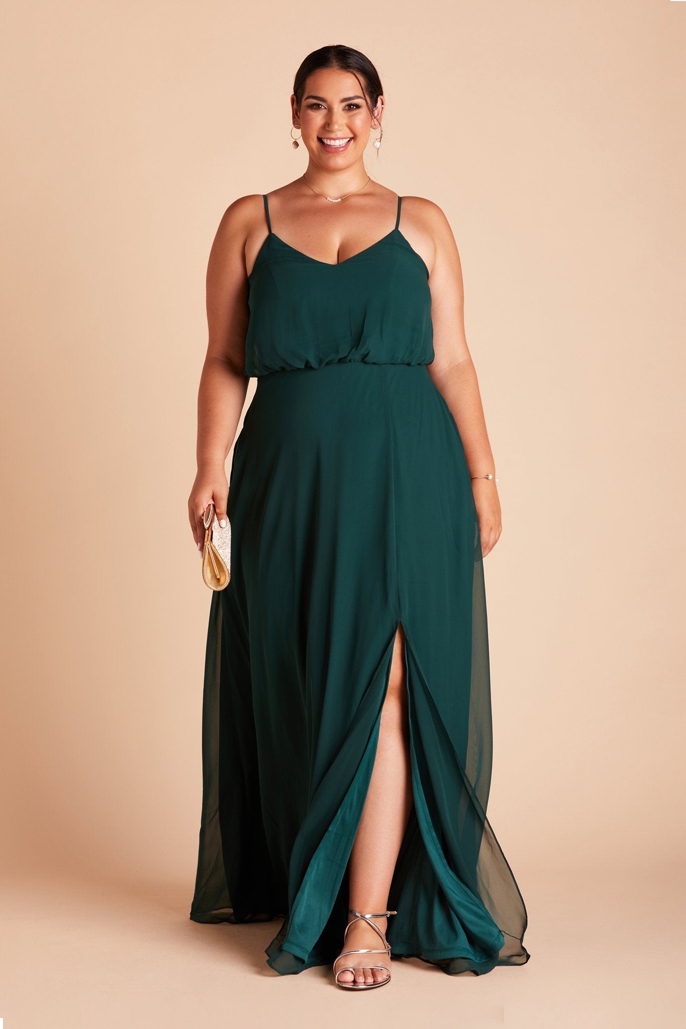 Gwennie plus size bridesmaid dress with slit in emerald green chiffon by Birdy Grey, front view