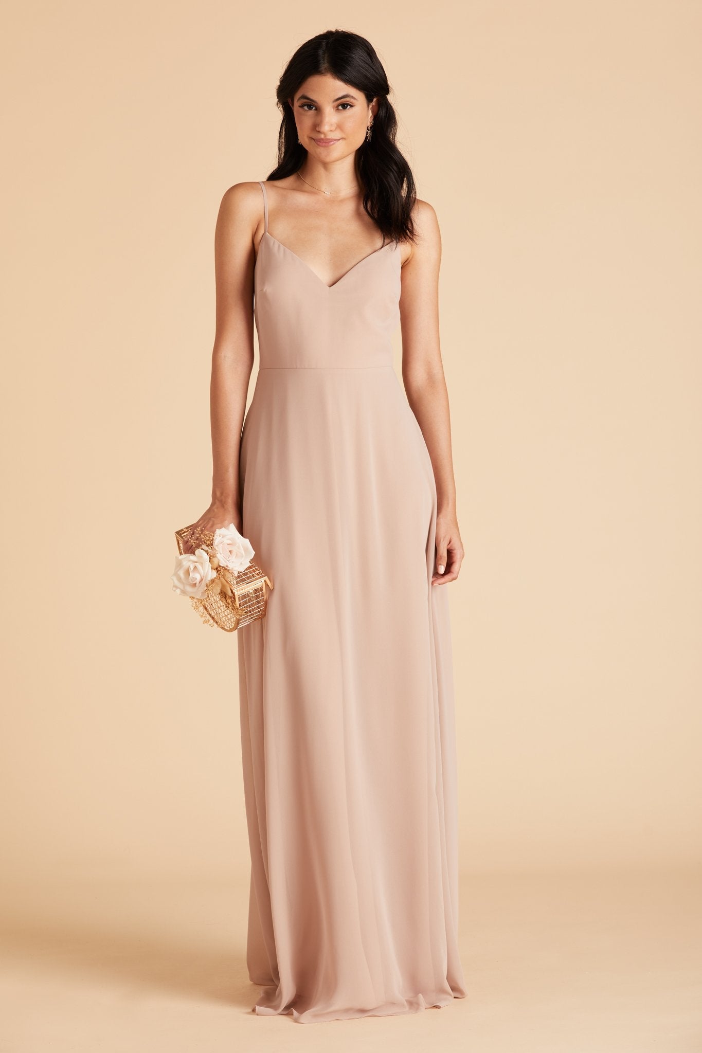 Devin convertible bridesmaids dress in taupe chiffon by Birdy Grey, front view