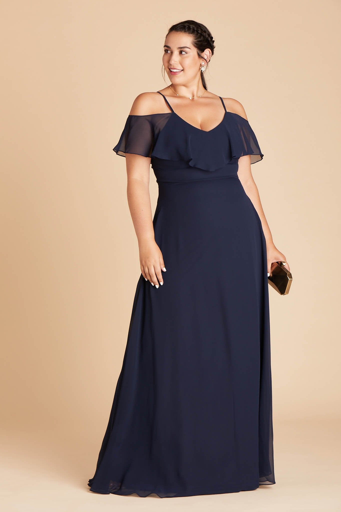 Jane convertible plus size bridesmaid dress in navy blue chiffon by Birdy Grey, front view