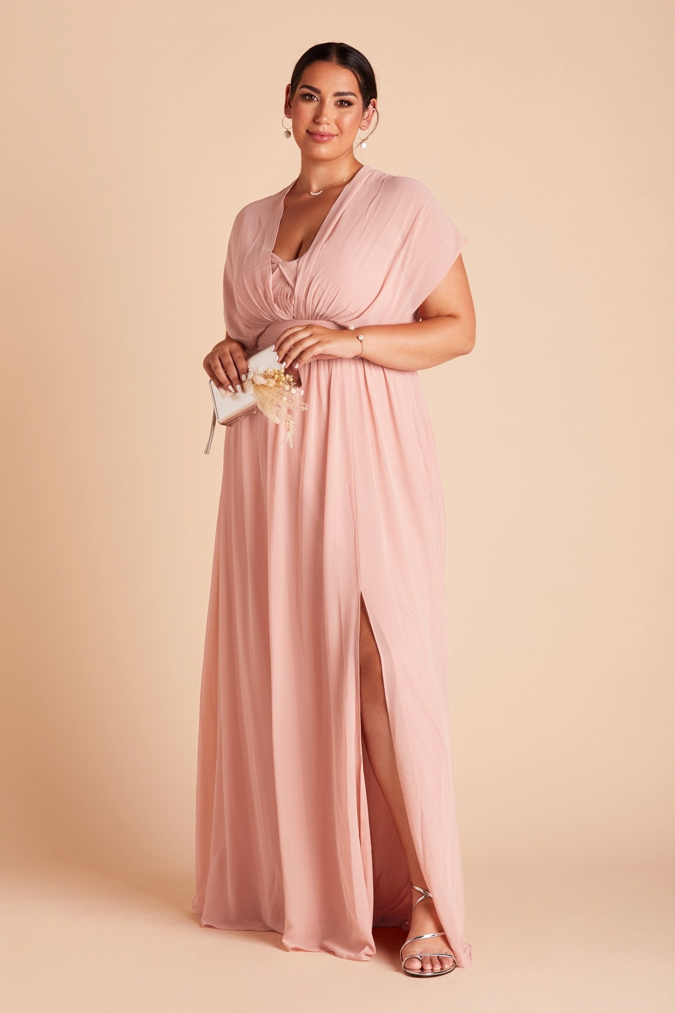 Grace convertible plus size bridesmaid dress with slit in rose quartz pink chiffon by Birdy Grey, front view