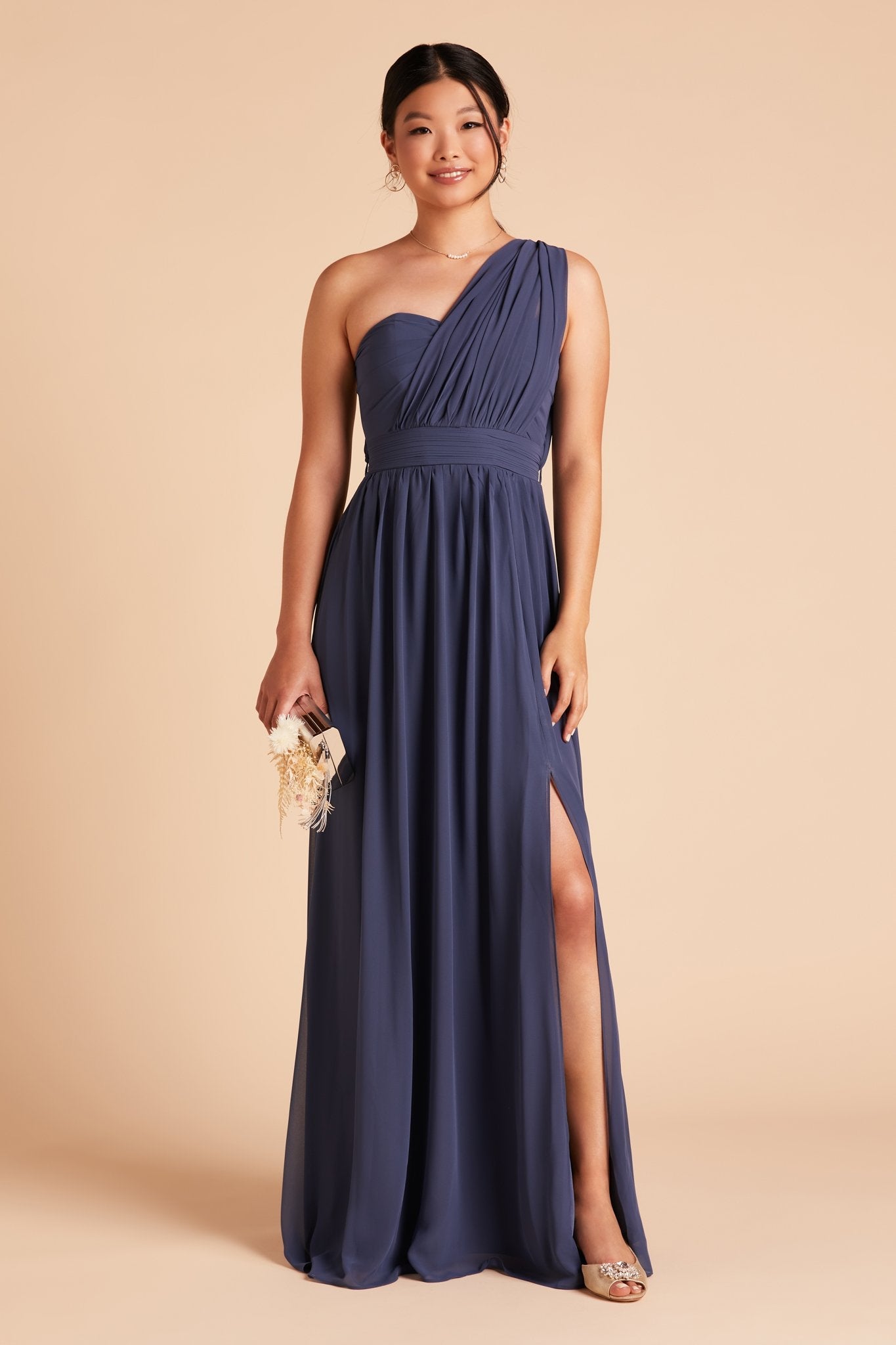 Grace convertible bridesmaid dress with slit in slate blue chiffon by Birdy Grey, front view