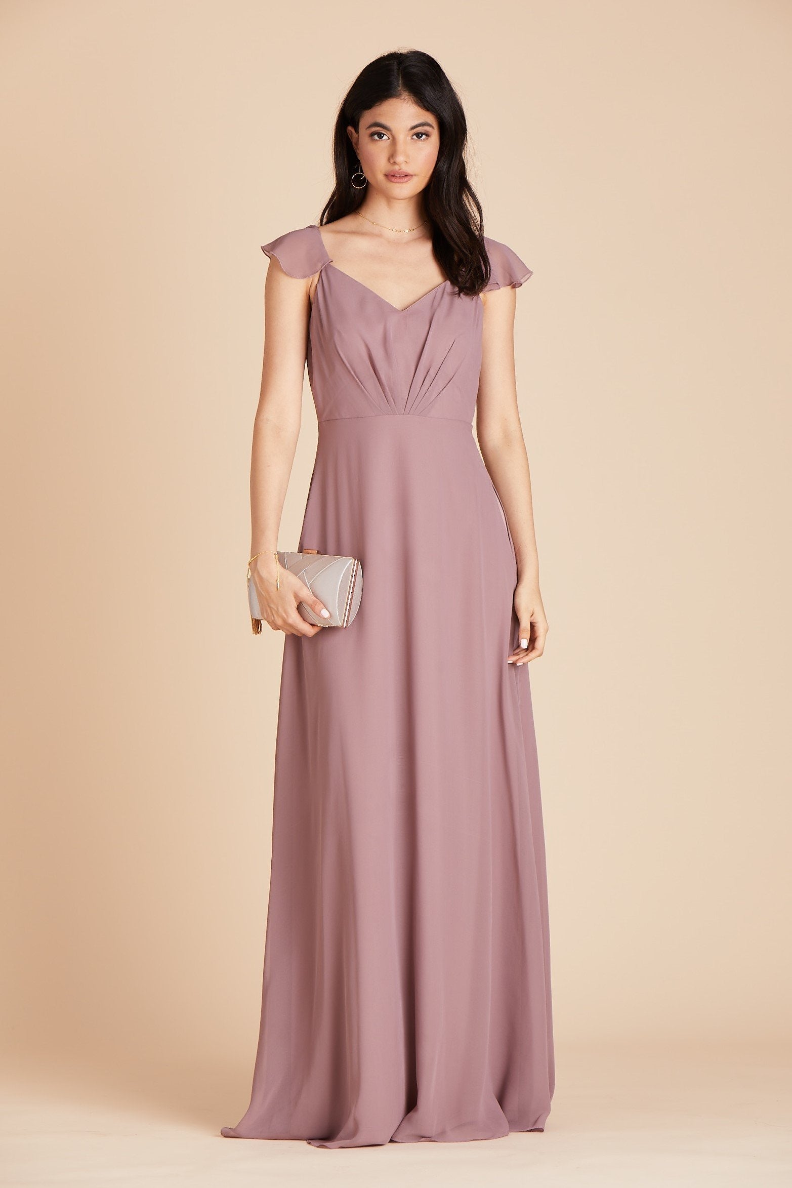 Kae bridesmaids dress in dark mauve purple chiffon by Birdy Grey, front view