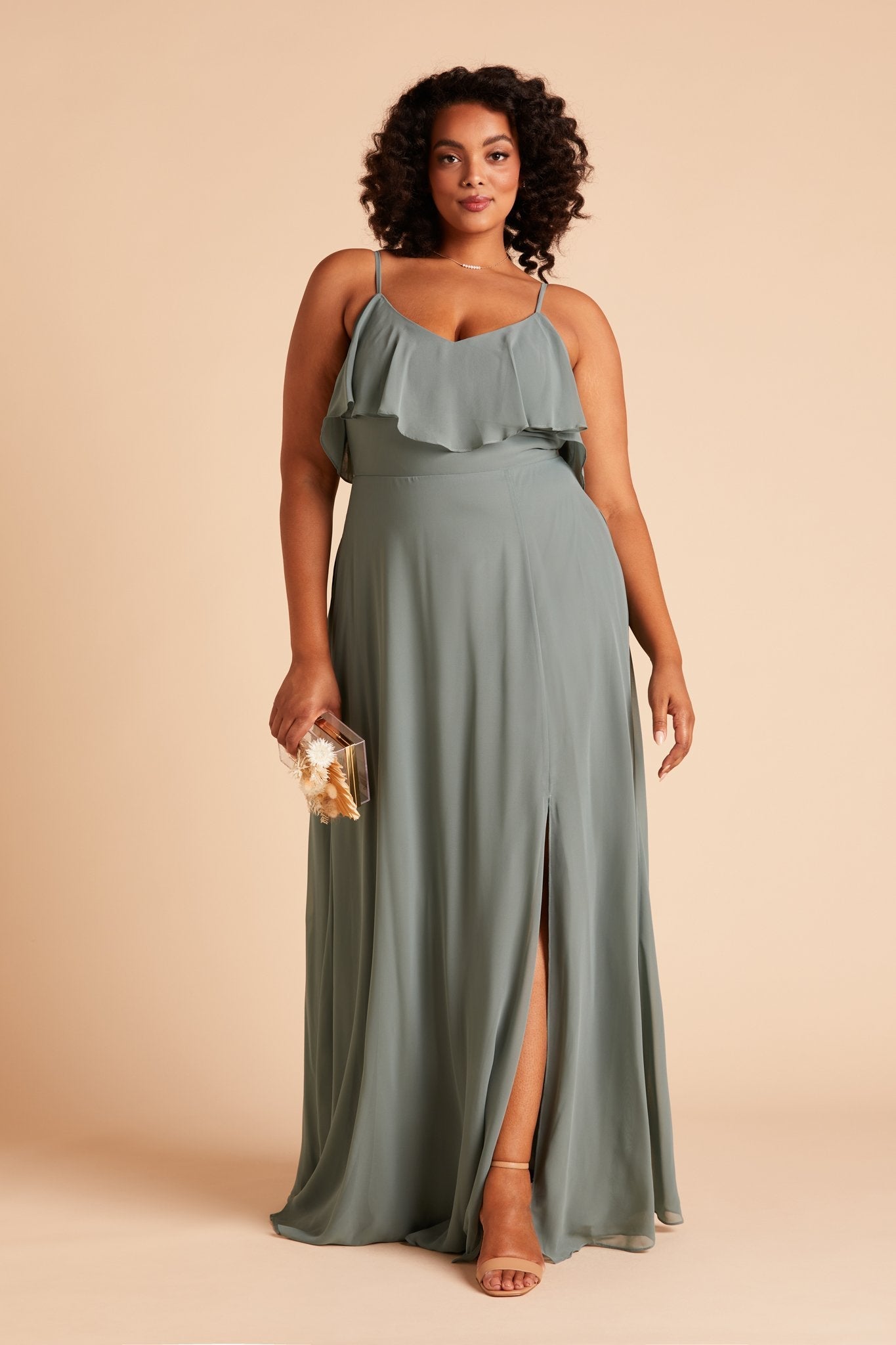 Jane convertible plus size bridesmaid dress with slit in sea glass green chiffon by Birdy Grey, front view