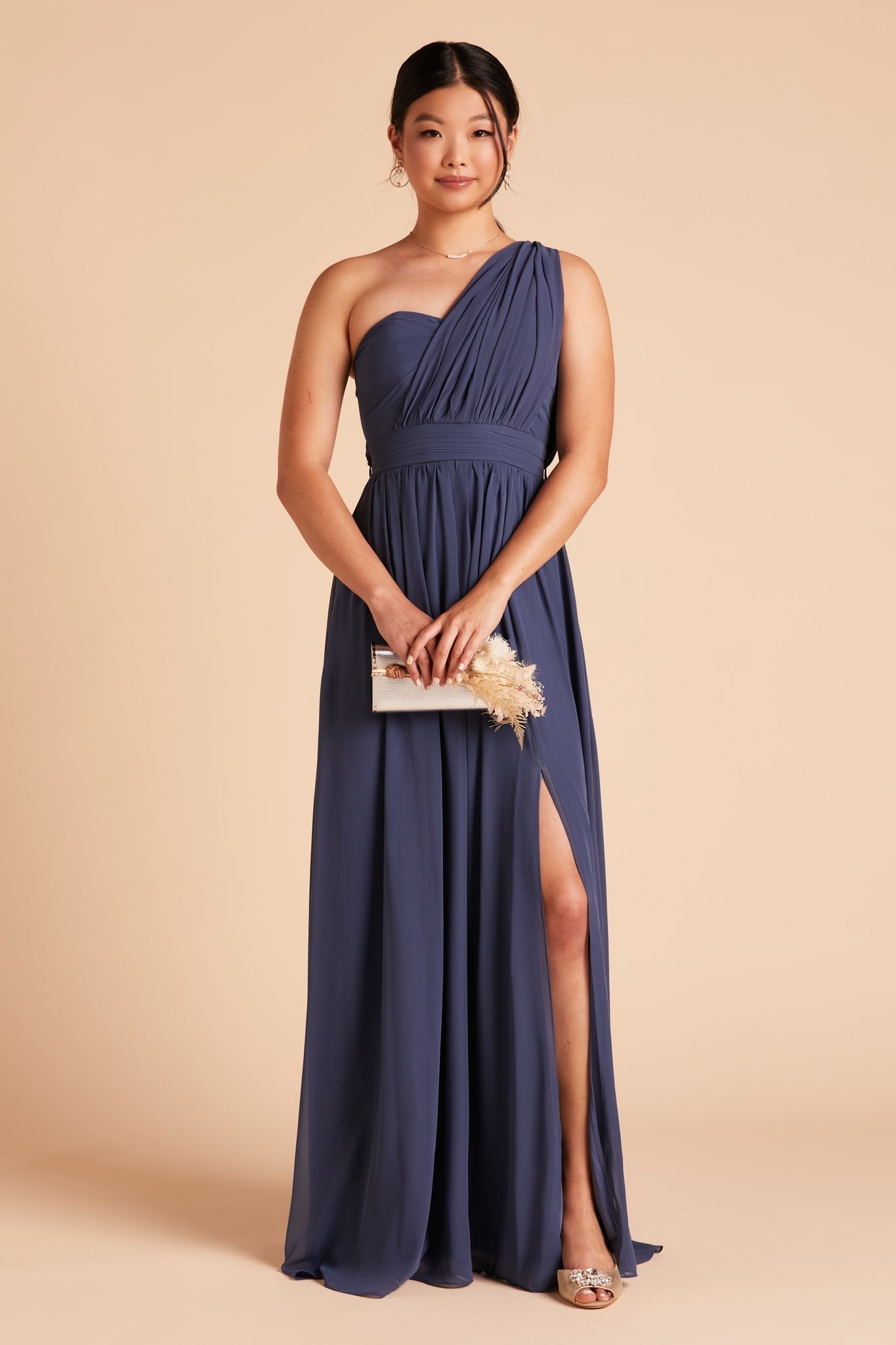 Grace convertible bridesmaid dress with slit in slate blue chiffon by Birdy Grey, front view