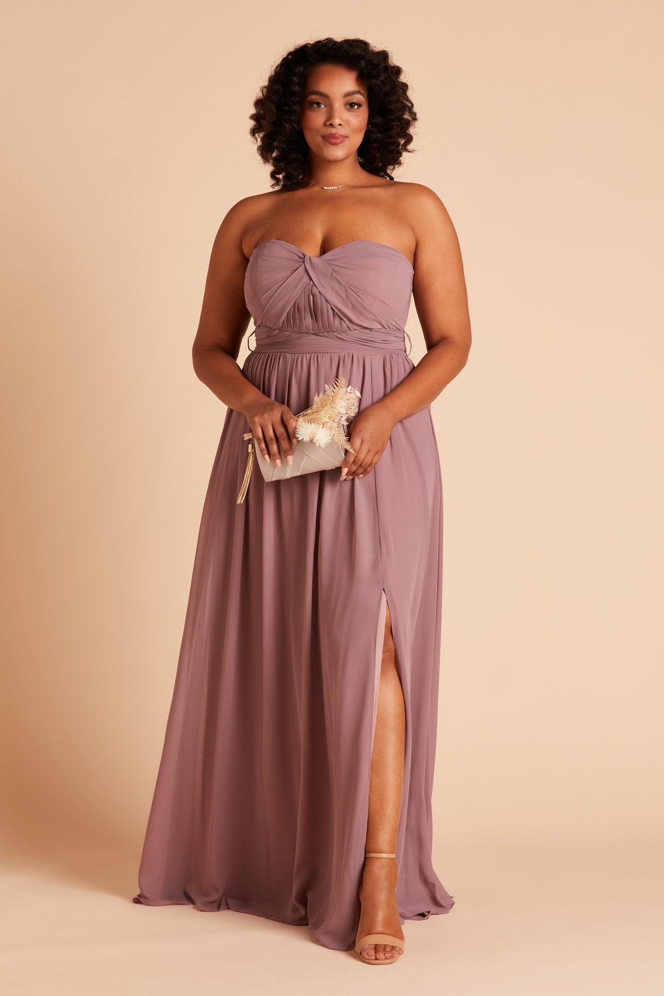 Grace convertible plus size bridesmaid dress with slit in dark mauve chiffon by Birdy Grey, front view