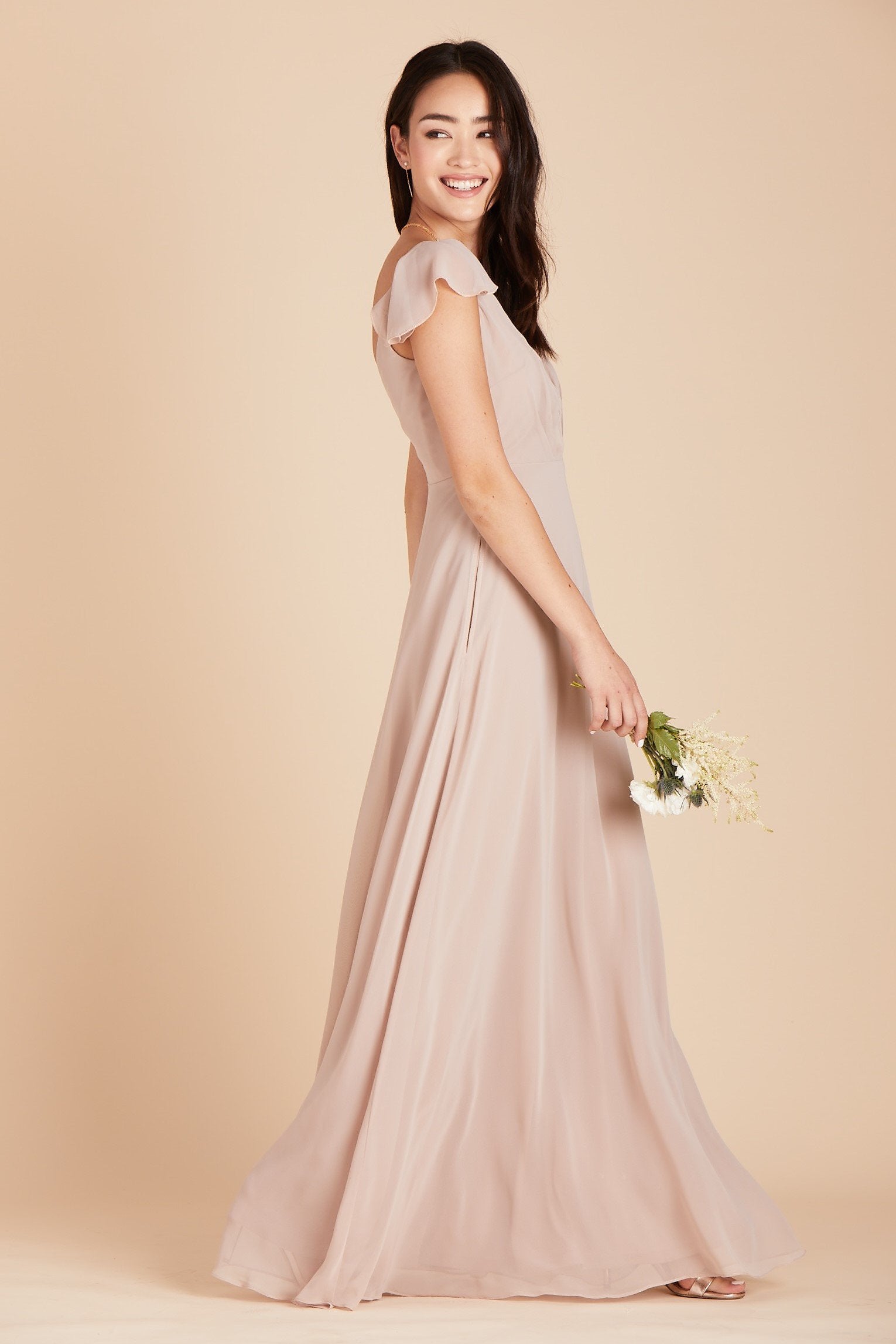 Kae bridesmaids dress in taupe chiffon by Birdy Grey, side view