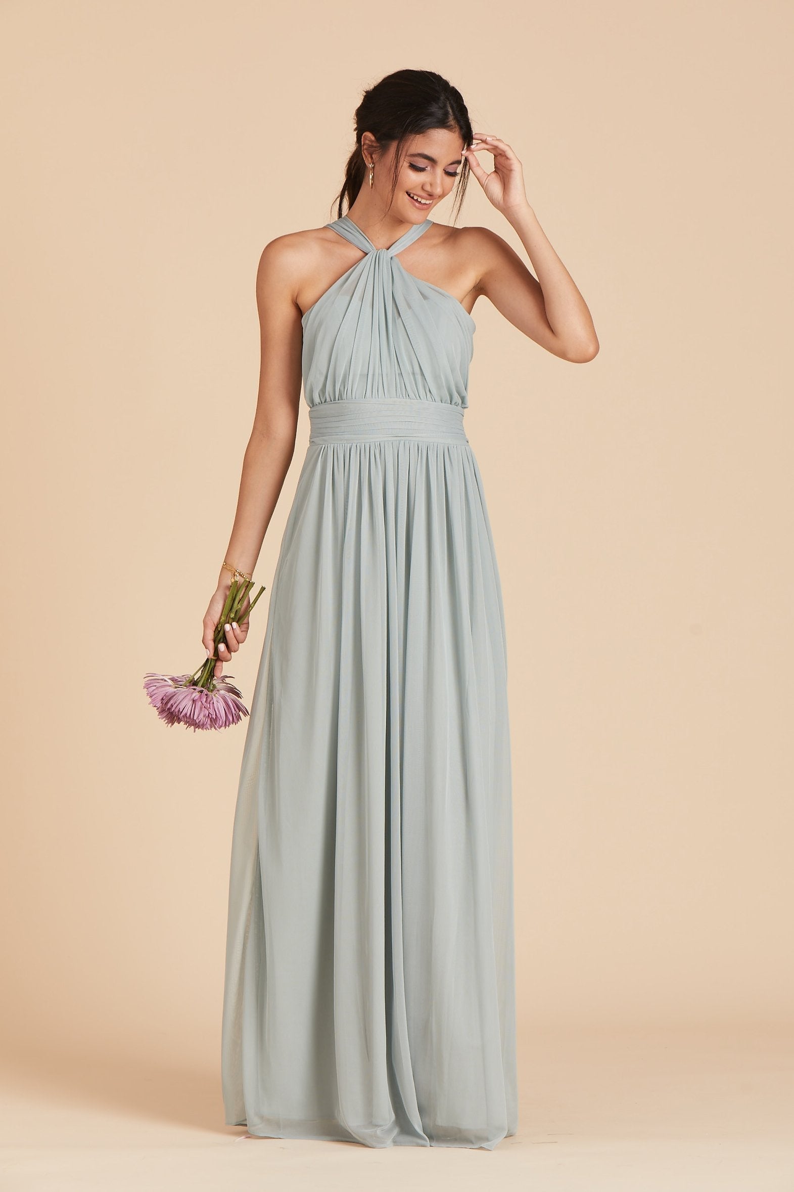 Kiko bridesmaid dress in sage green chiffon by Birdy Grey, front view