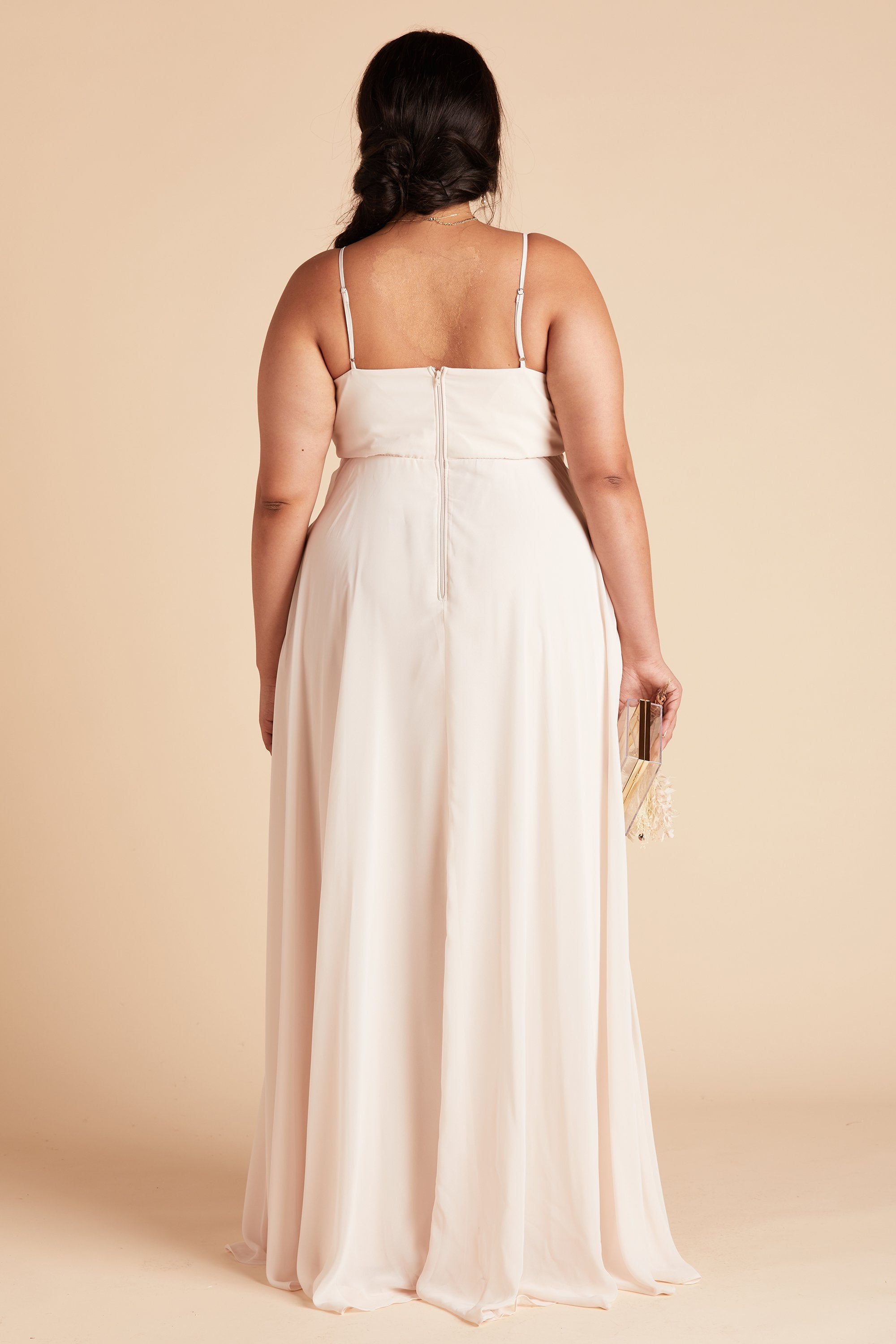 Kaia plus size bridesmaids dress in champagne chiffon by Birdy Grey, back view