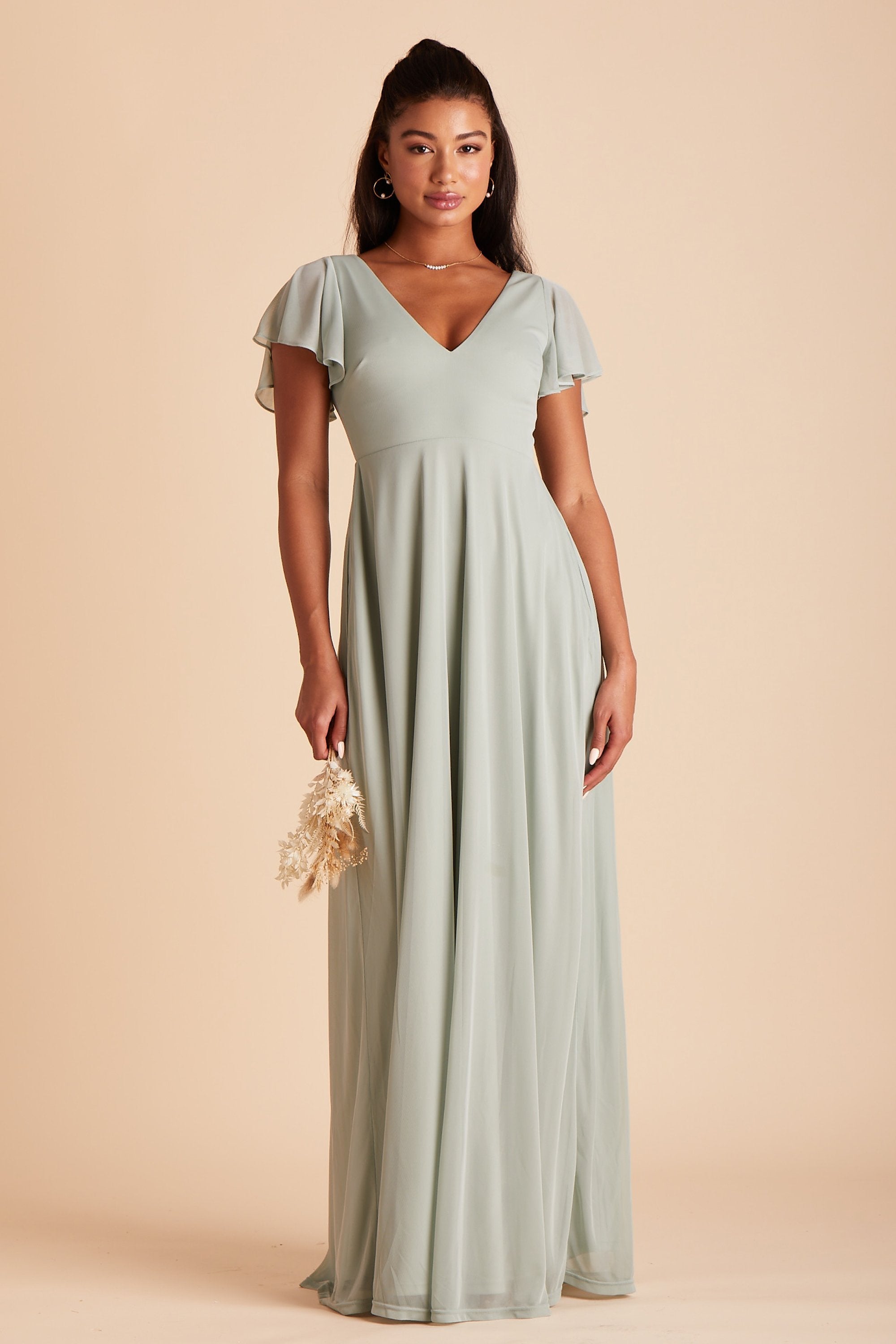 Hannah bridesmaids dress in sage green mesh by Birdy Grey, front view