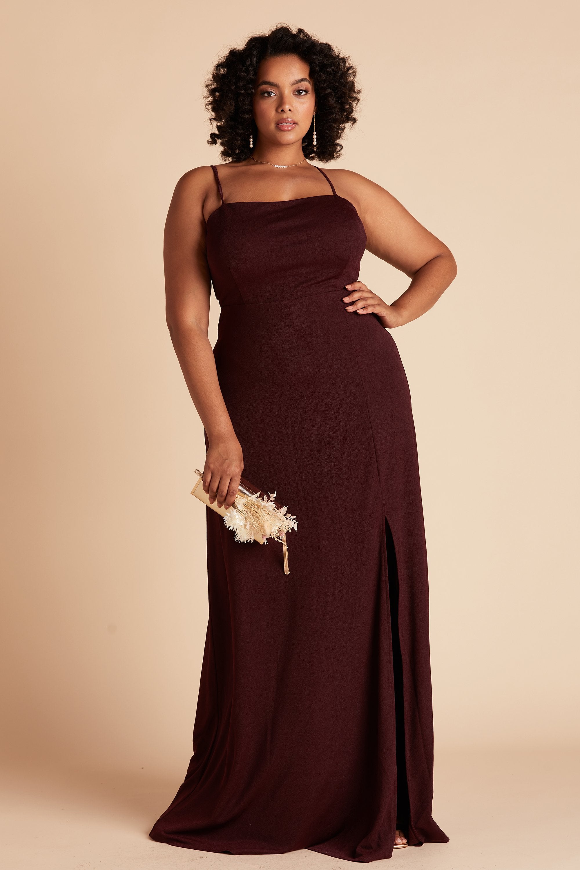 Benny plus size bridesmaid dress in cabernet burgundy crepe by Birdy Grey, front view