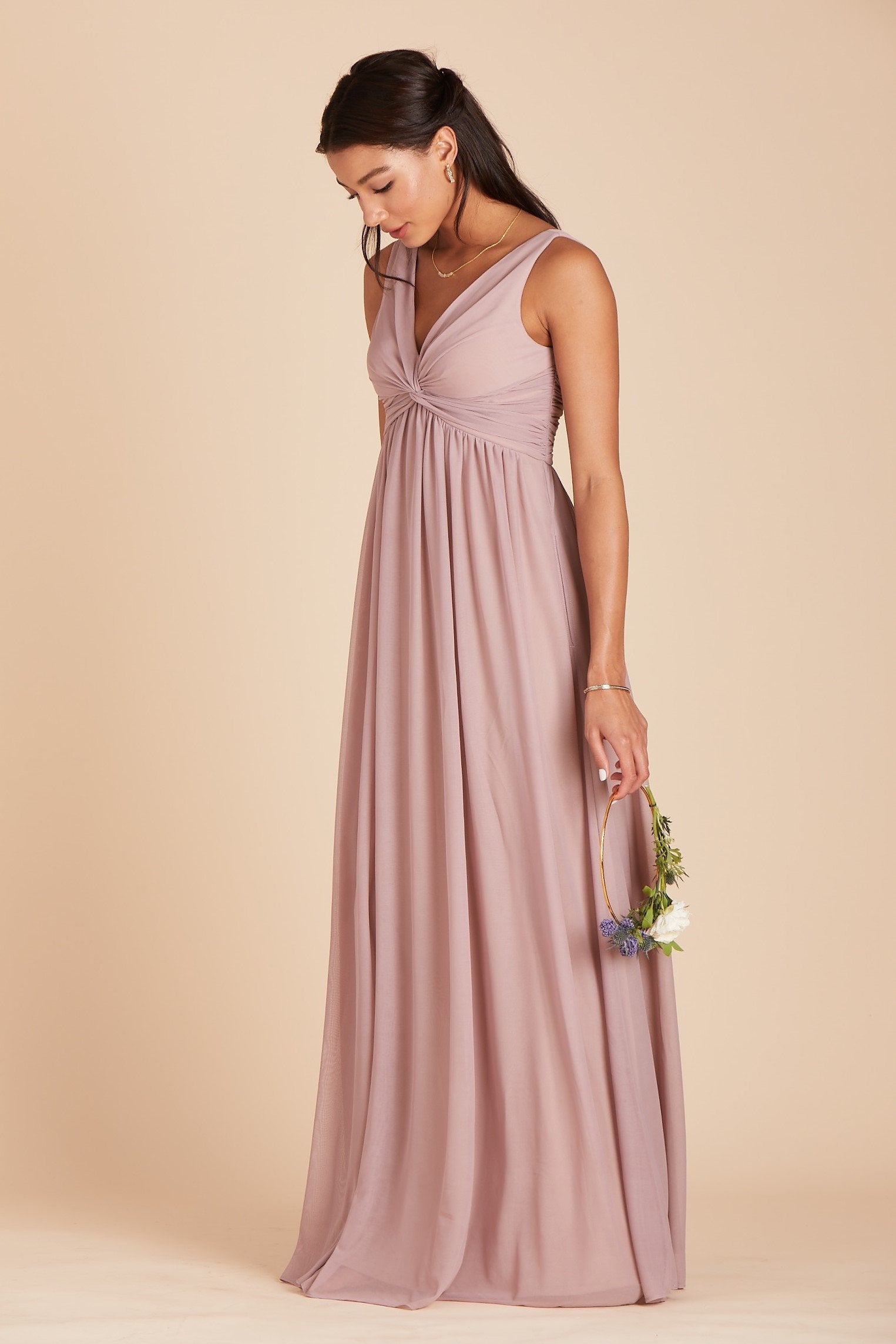 Lianna bridesmaid dress in mauve pink chiffon by Birdy Grey, side view