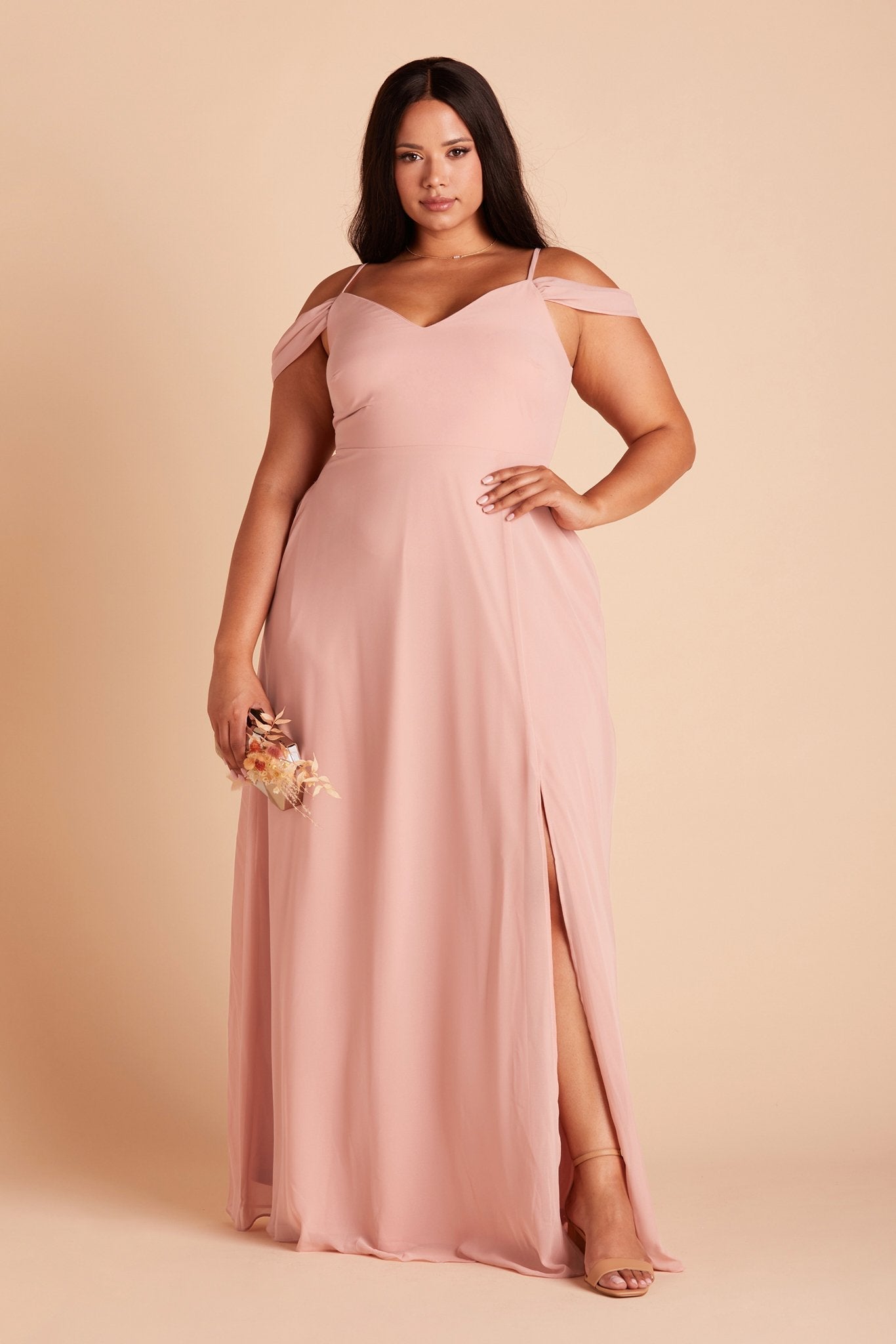 Devin convertible plus size bridesmaids dress with slit in dusty rose chiffon by Birdy Grey, front view