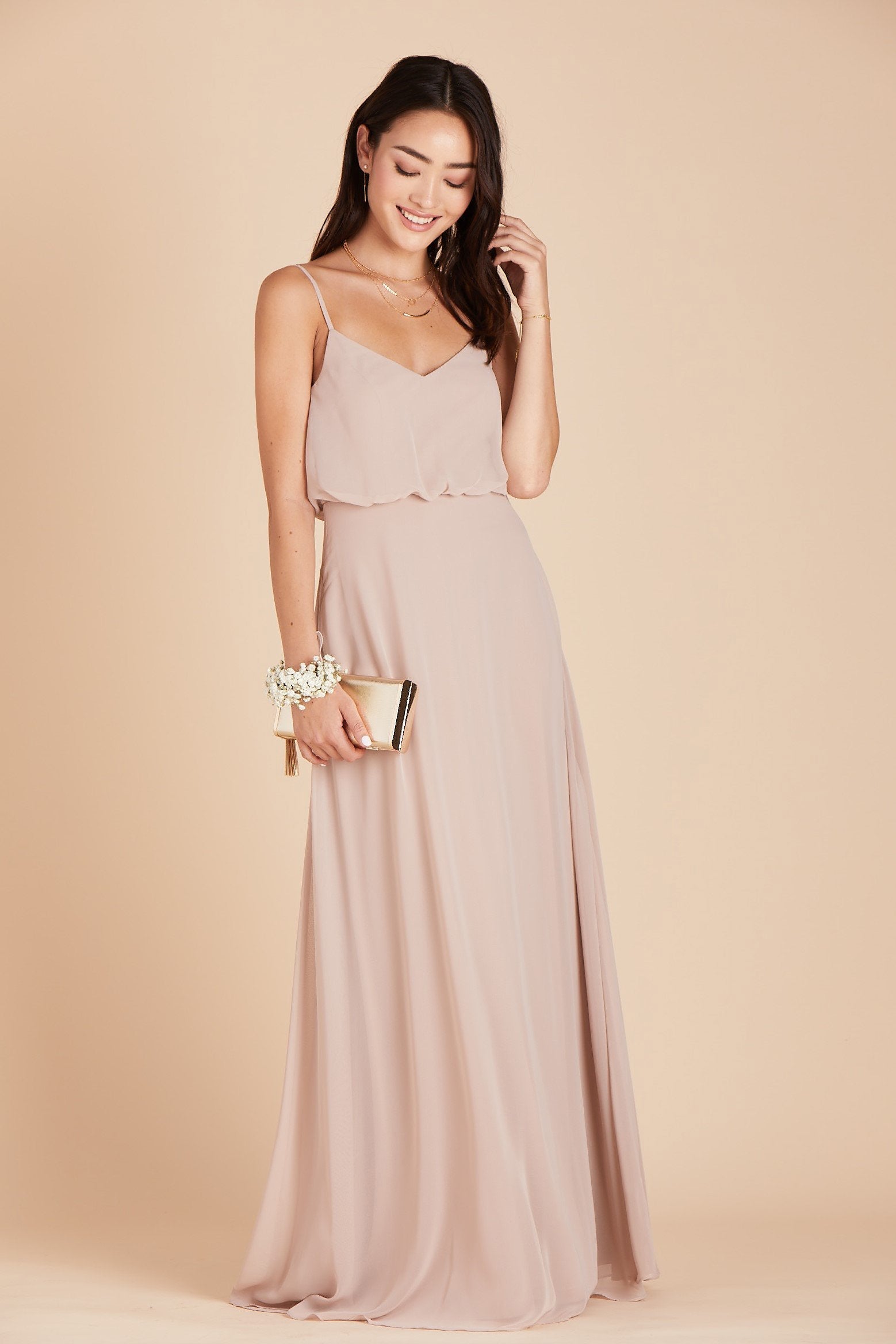 Gwennie bridesmaid dress in taupe chiffon by Birdy Grey, front view