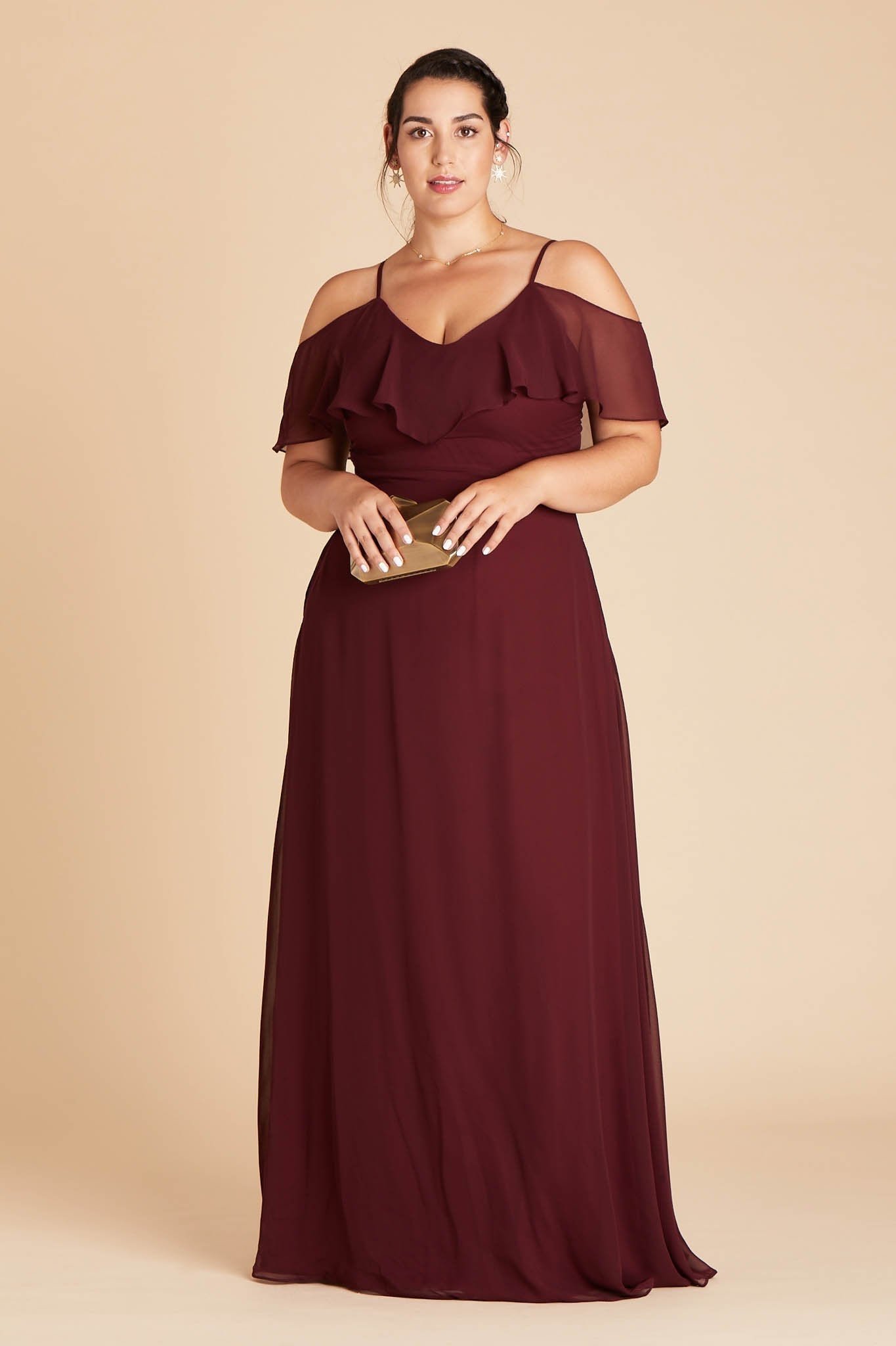 Jane convertible plus size bridesmaid dress in Cabernet Burgundy chiffon by Birdy Grey, front view