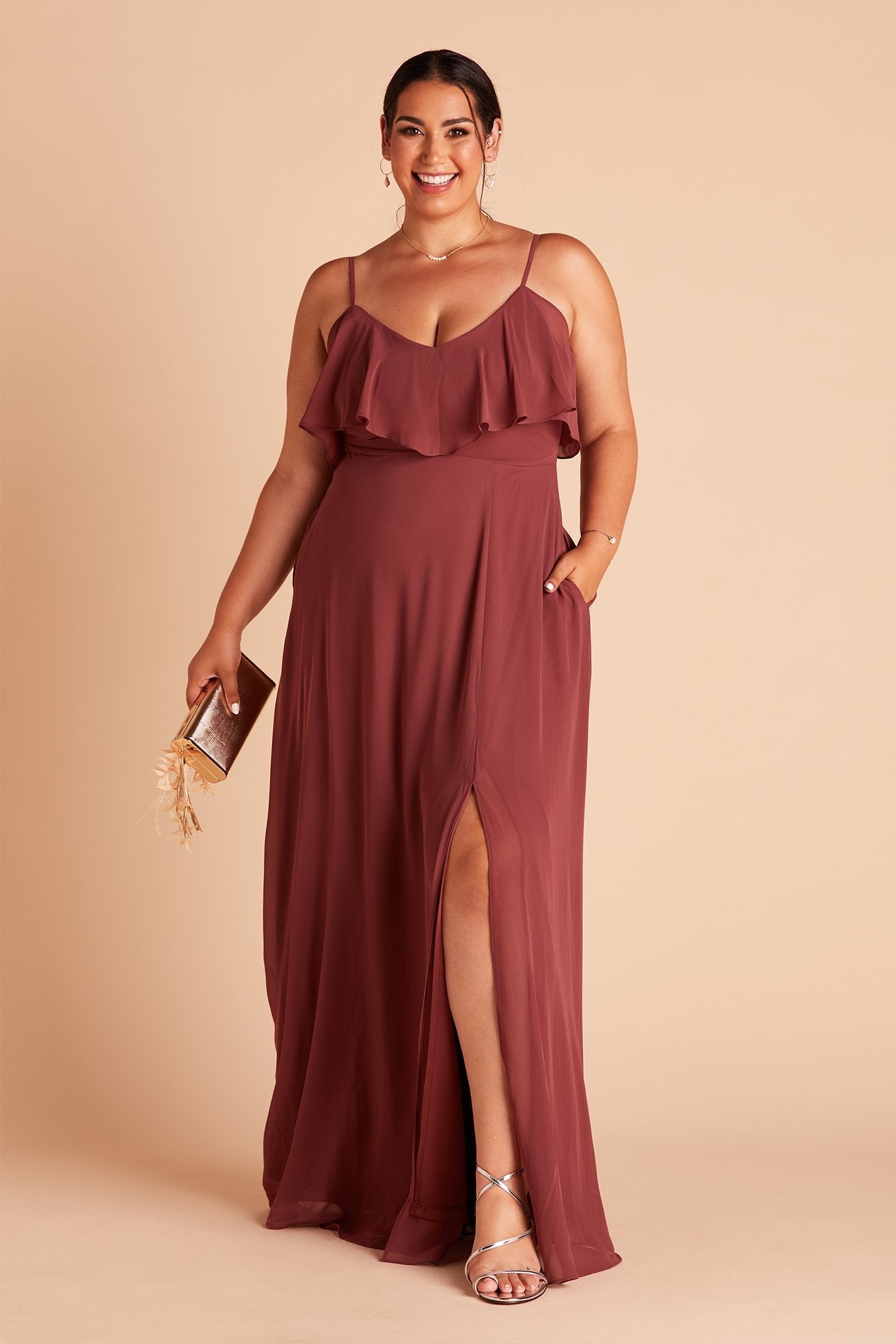 Jane convertible plus size bridesmaid dress with slit in rosewood chiffon by Birdy Grey, front view with hand in pocket