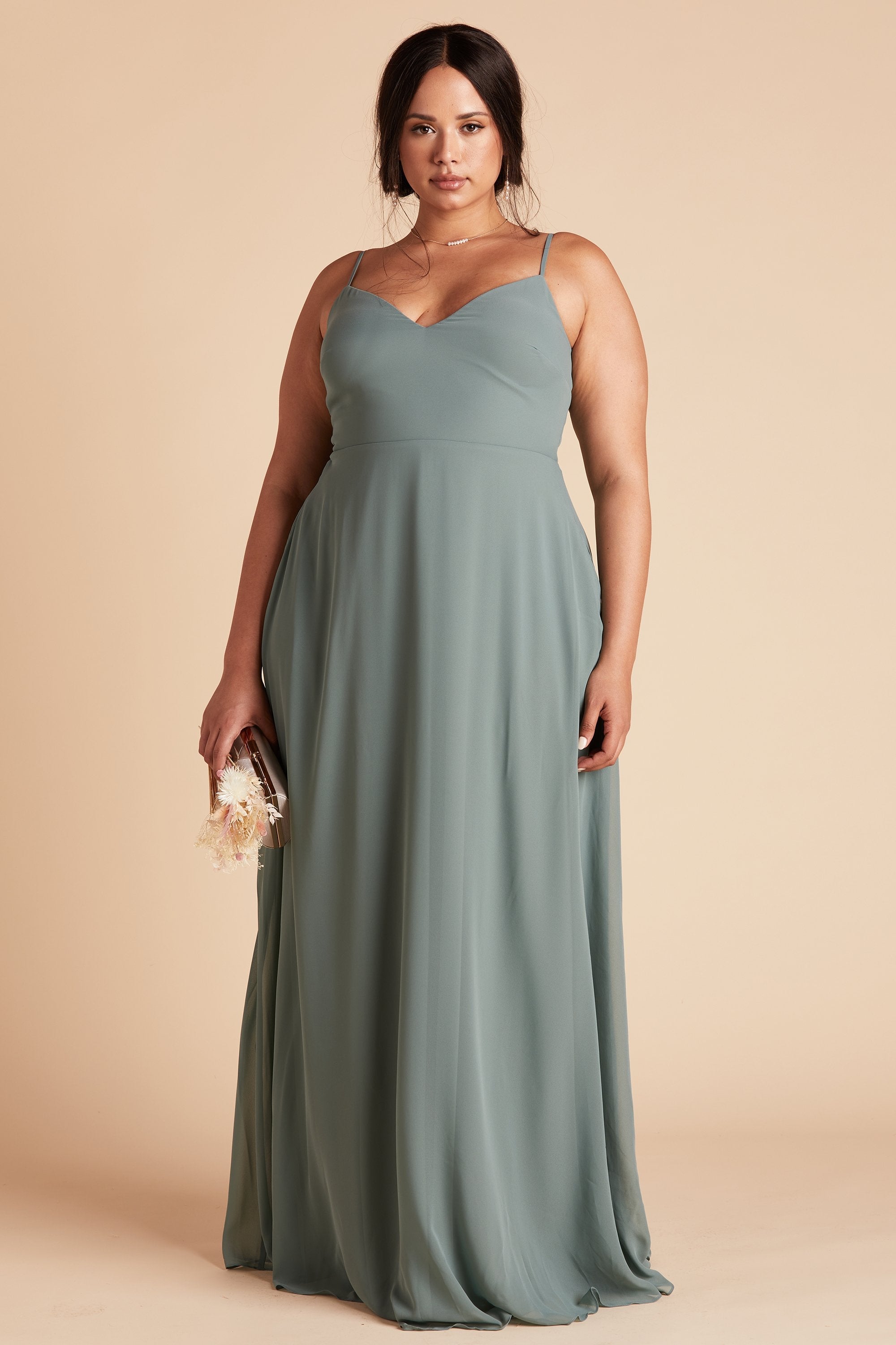 Devin convertible plus size bridesmaids dress in sea glass green chiffon by Birdy Grey, front view