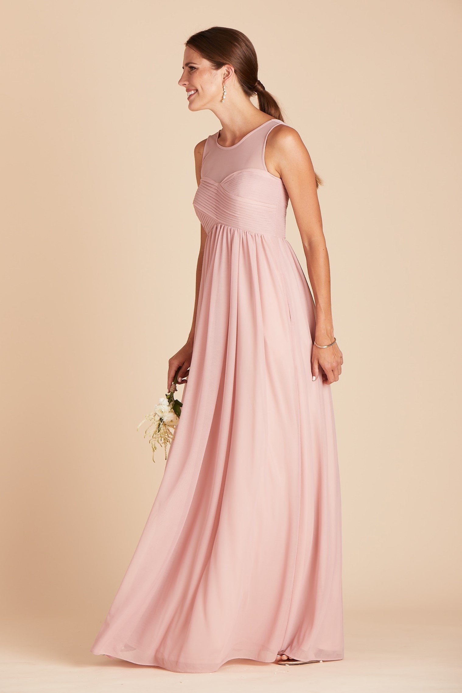 Ryan bridesmaid dress in dusty rose pink chiffon by Birdy Grey, side view