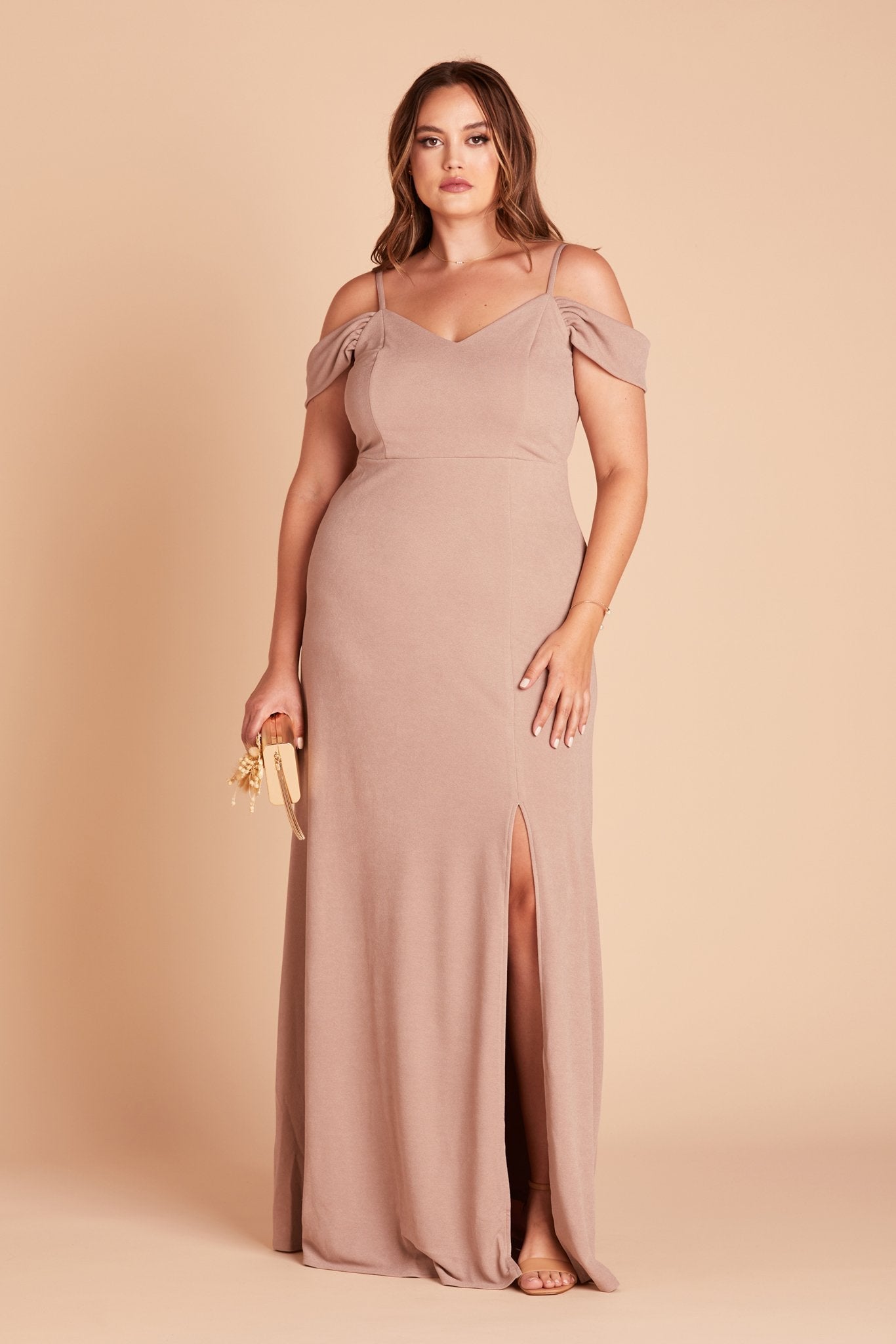 Dev plus size bridesmaid dress with slit in taupe crepe by Birdy Grey, front view