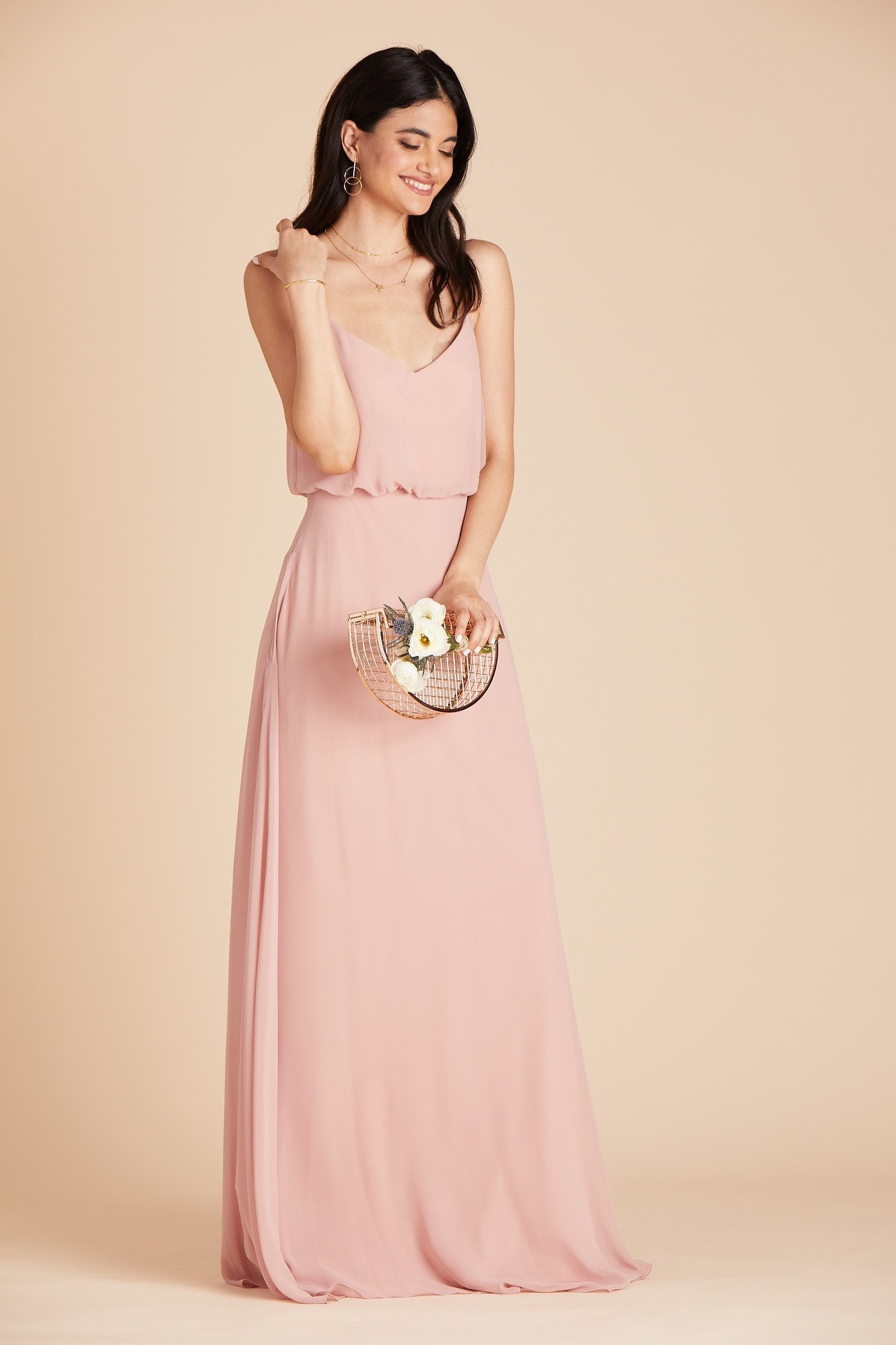 Gwennie bridesmaid dress in dusty rose chiffon by Birdy Grey, front view