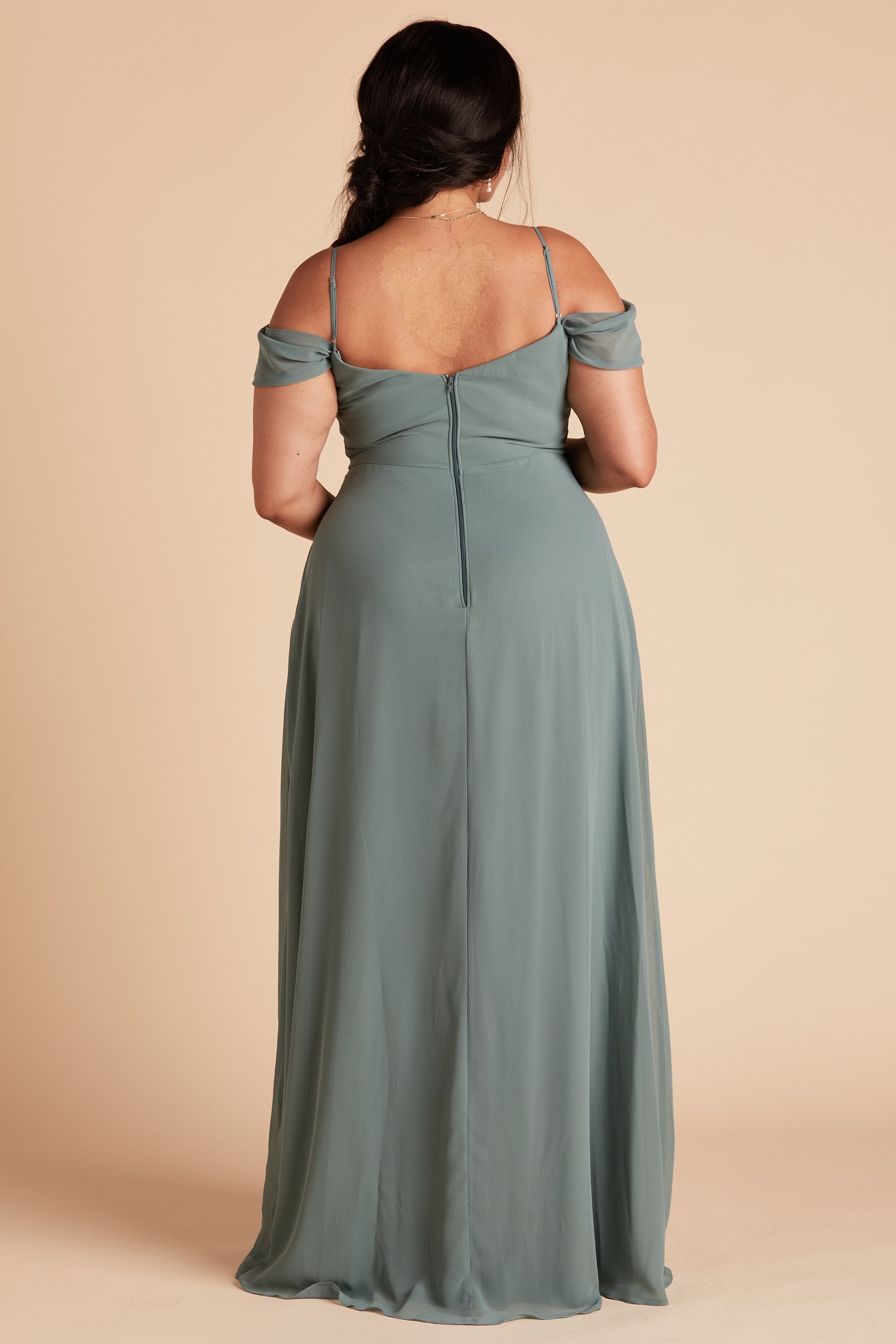 Devin convertible plus size bridesmaids dress in sea glass green chiffon by Birdy Grey, back view