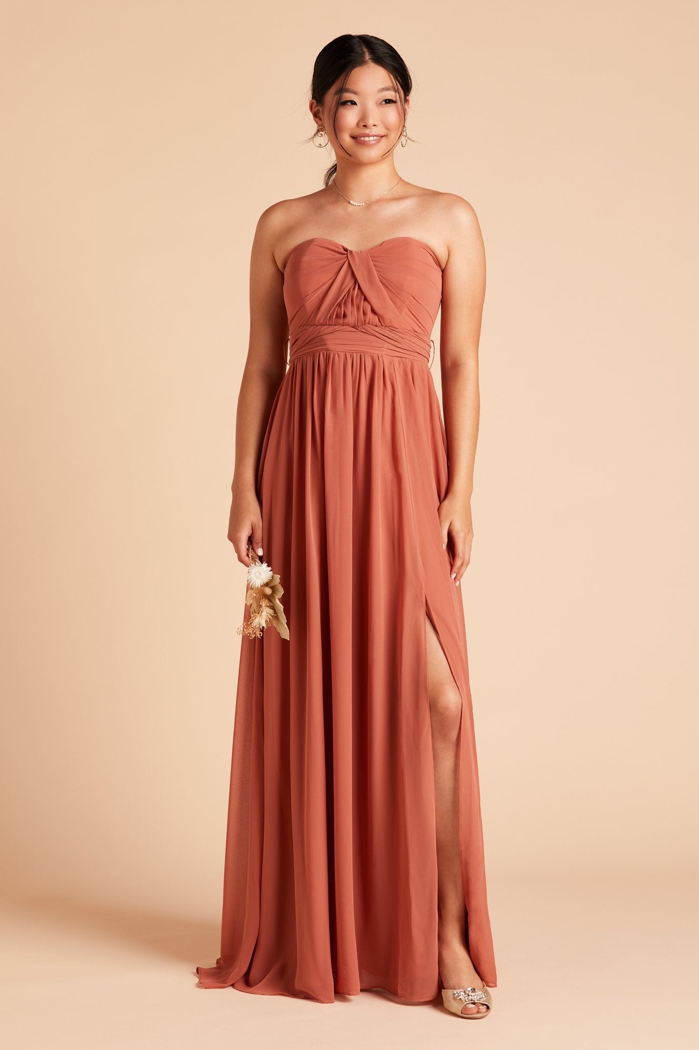 Grace convertible bridesmaid dress with slit in terracotta orange chiffon by Birdy Grey, front view