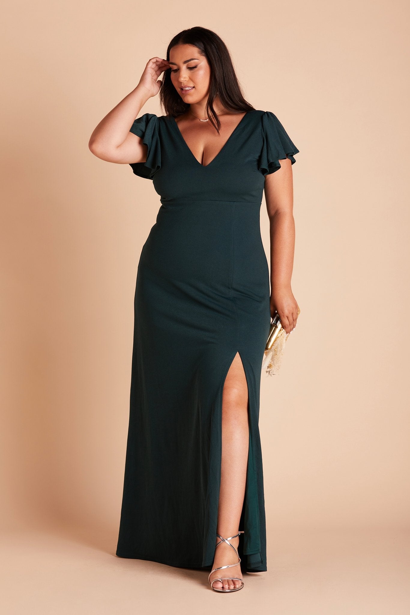 Hannah plus size bridesmaid dress with slit in emerald green crepe by Birdy Grey, front view