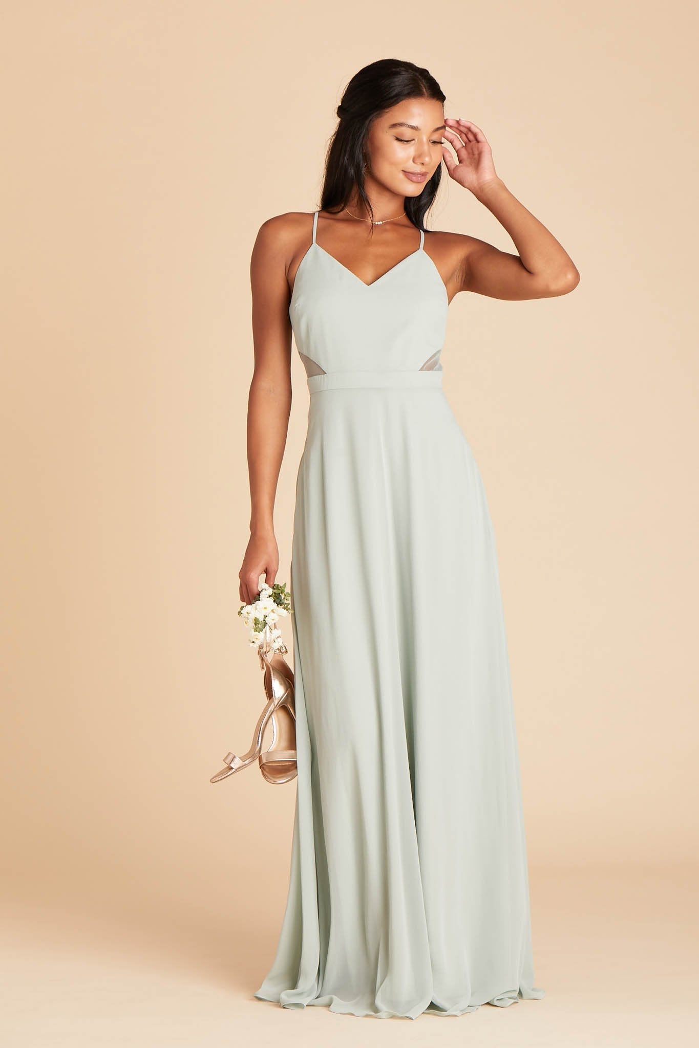 Lin bridesmaid dress in sage green chiffon by Birdy Grey, front view