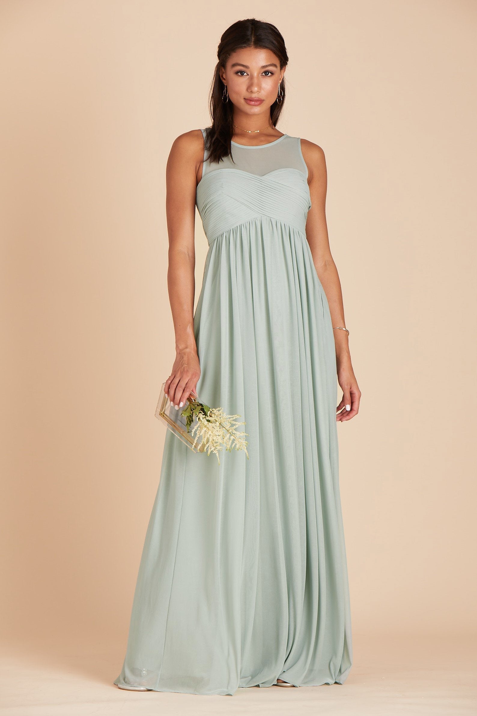 Ryan bridesmaid dress in sage green chiffon by Birdy Grey, front view