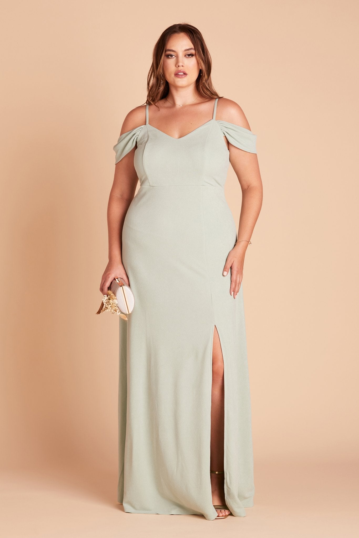 Dev plus size bridesmaid dress with slit in sage green crepe by Birdy Grey, front view