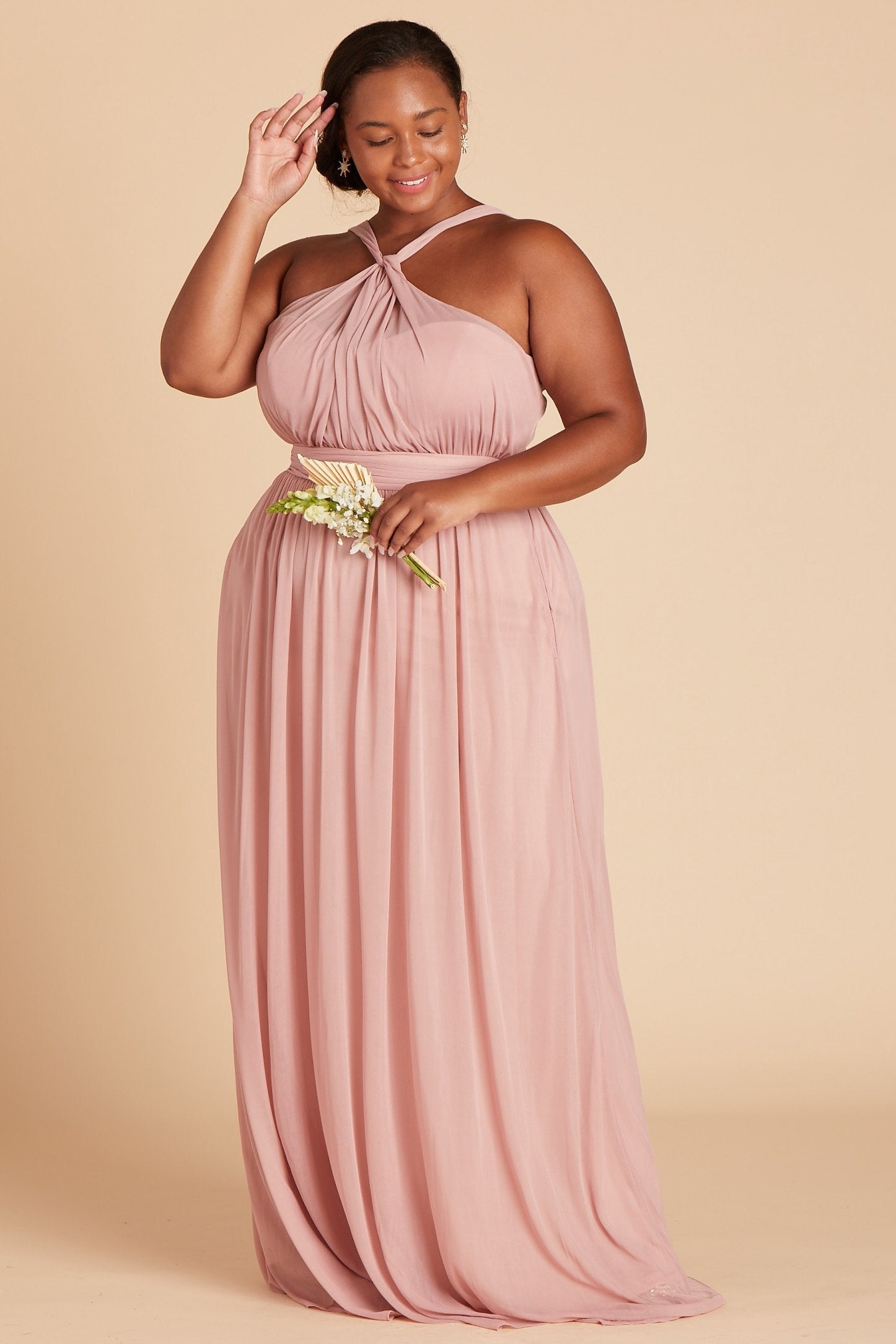 Kiko plus size bridesmaid dress in dusty rose chiffon by Birdy Grey, front view