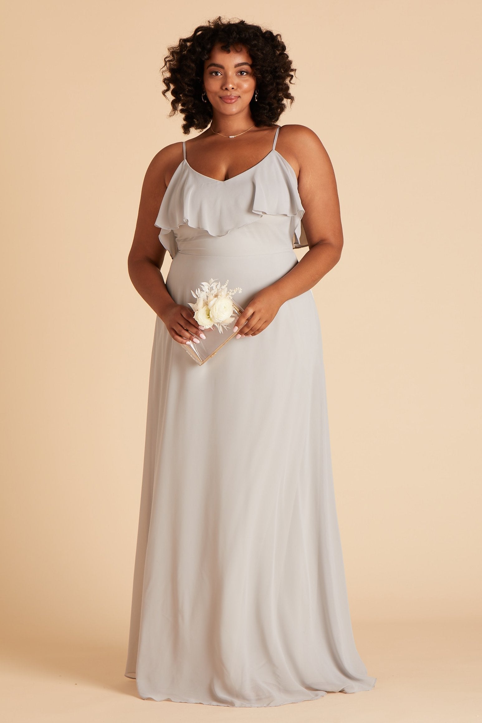 Jane convertible plus size bridesmaid dress in dove gray chiffon by Birdy Grey, front view