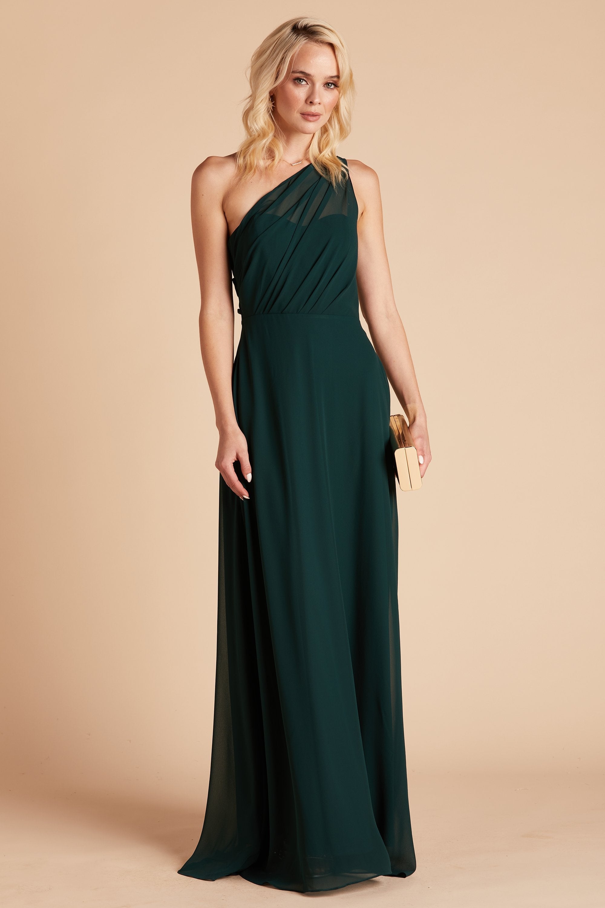 Kira bridesmaid dress in emerald chiffon by Birdy Grey, front view