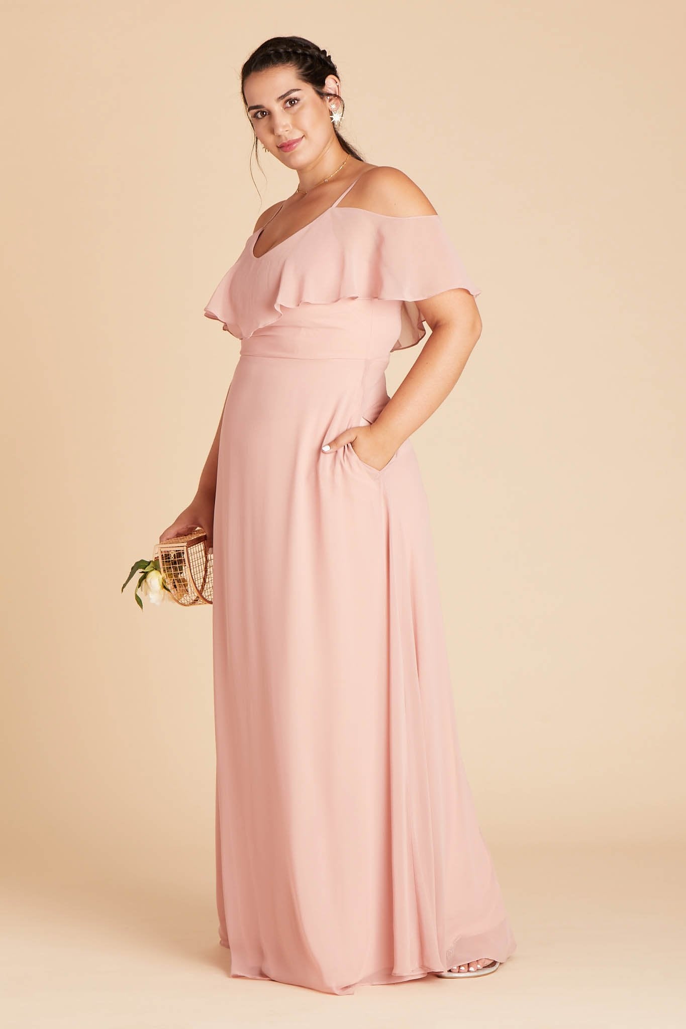 Jane convertible plus size bridesmaid dress in dusty rose chiffon by Birdy Grey, front view with hand in pocket