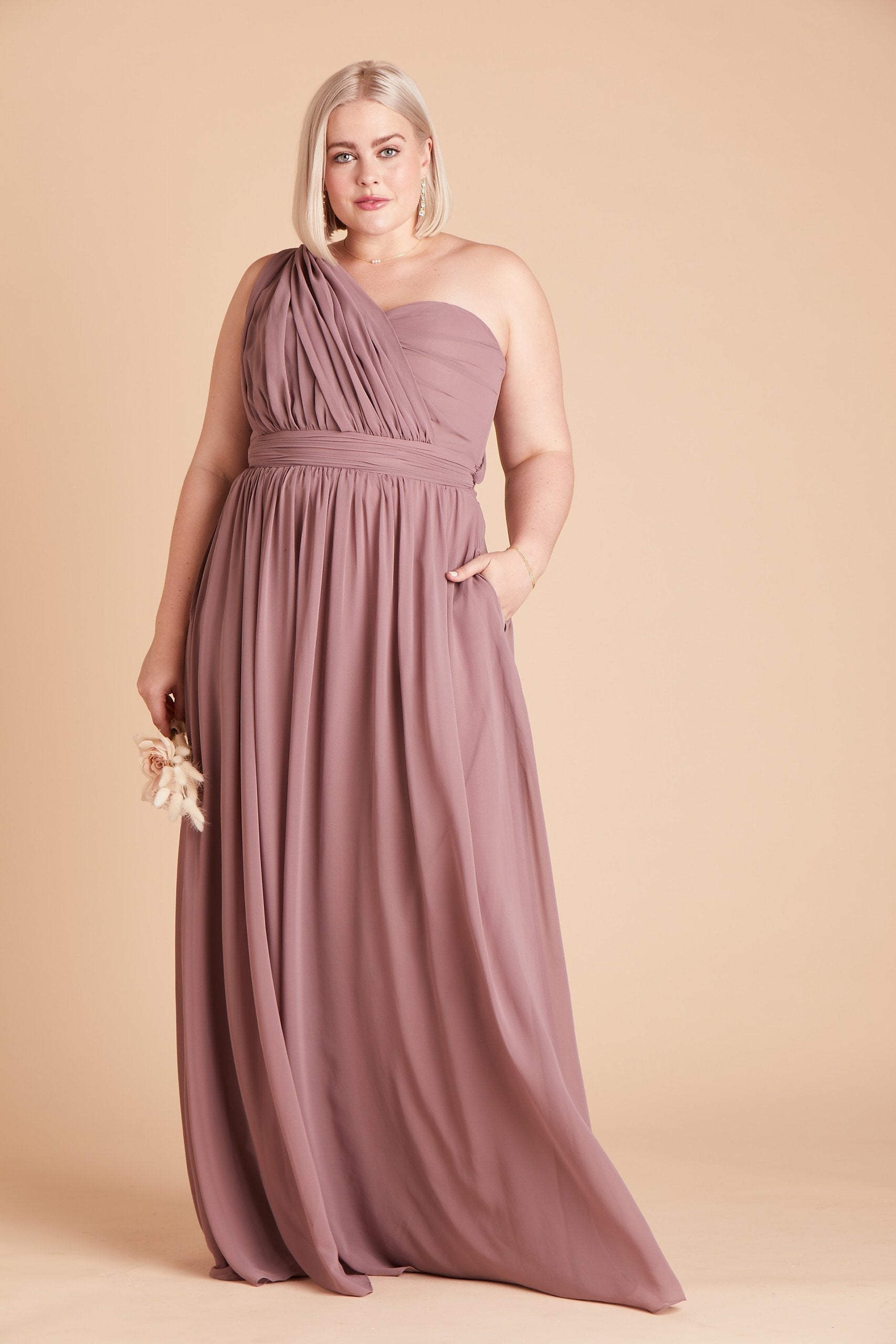 Grace convertible plus size bridesmaid dress in dark mauve chiffon by Birdy Grey, front view