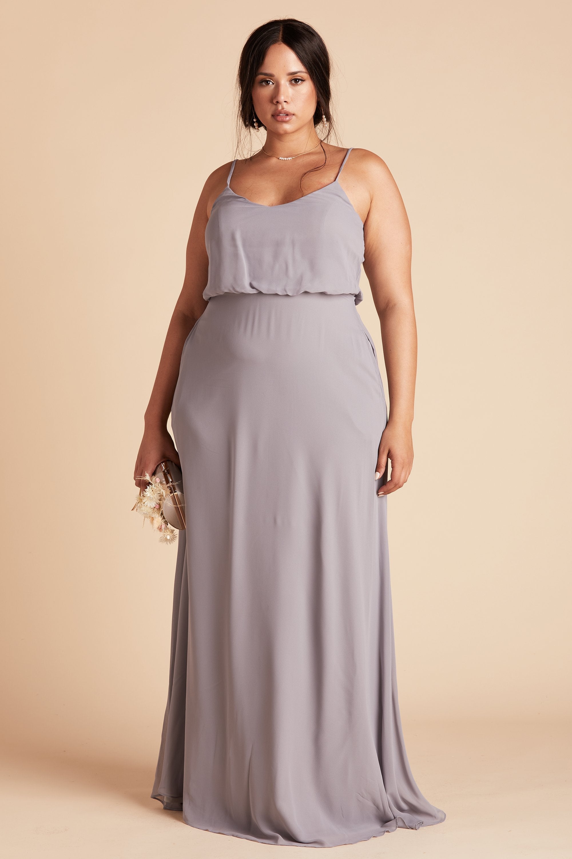 Gwennie plus size bridesmaid dress in silver chiffon by Birdy Grey, front view