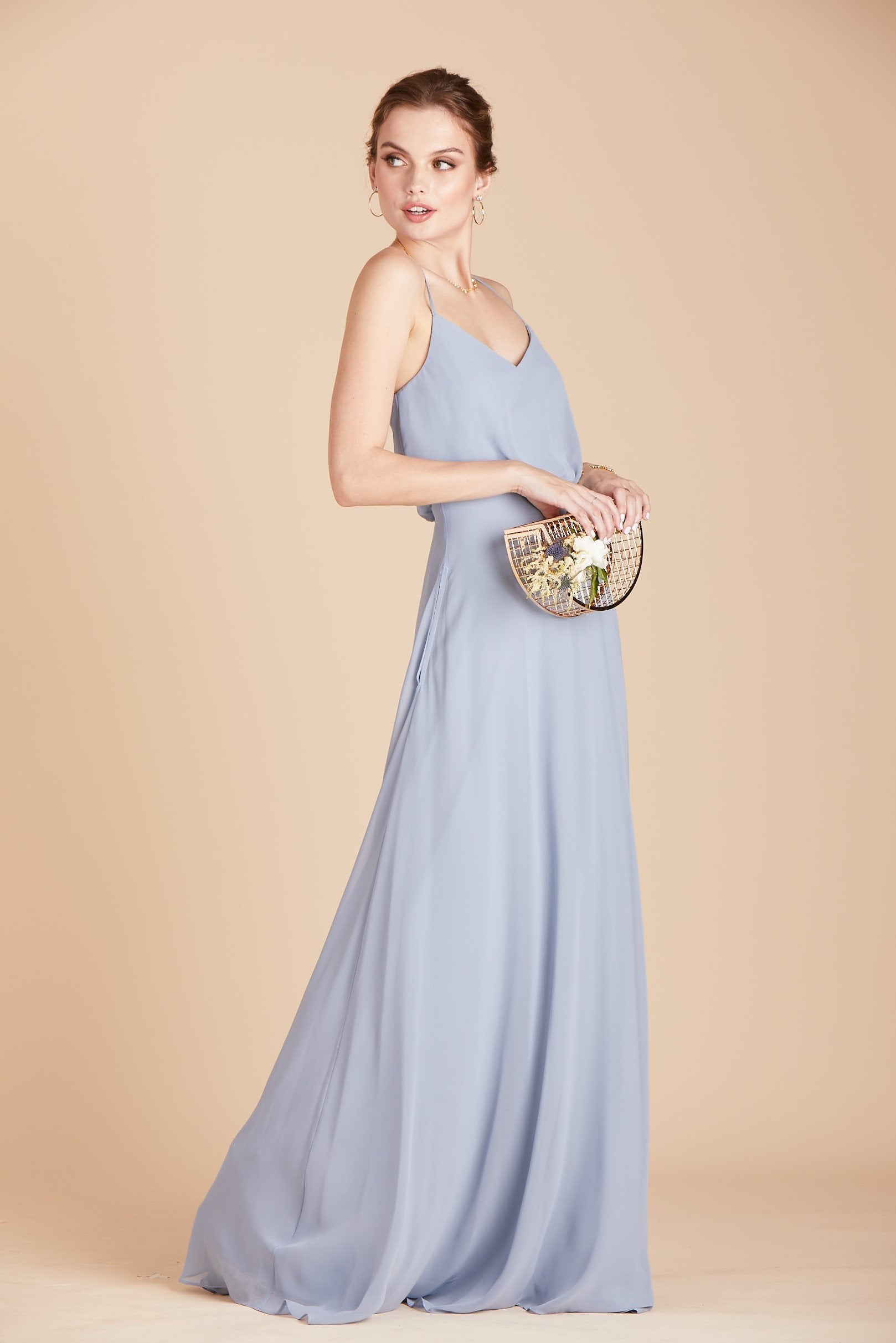 Gwennie bridesmaid dress in dusty blue chiffon by Birdy Grey, side view