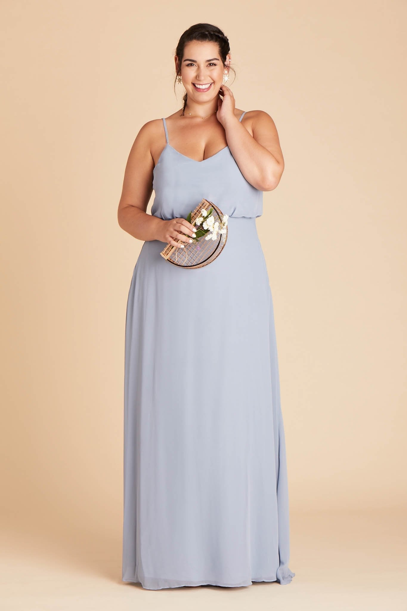 Gwennie plus size bridesmaid dress in dusty blue chiffon by Birdy Grey, front view