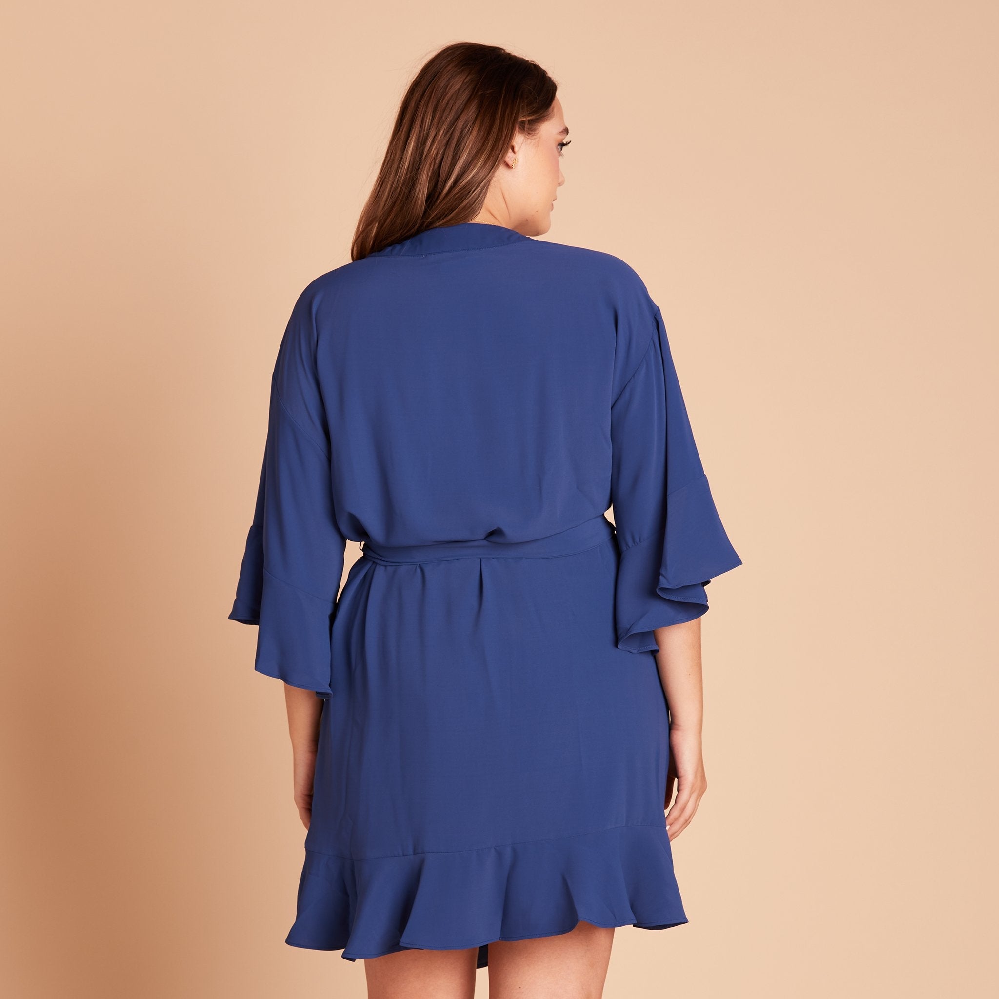 Kenny Ruffle Robe in slate blue by Birdy Grey, back view