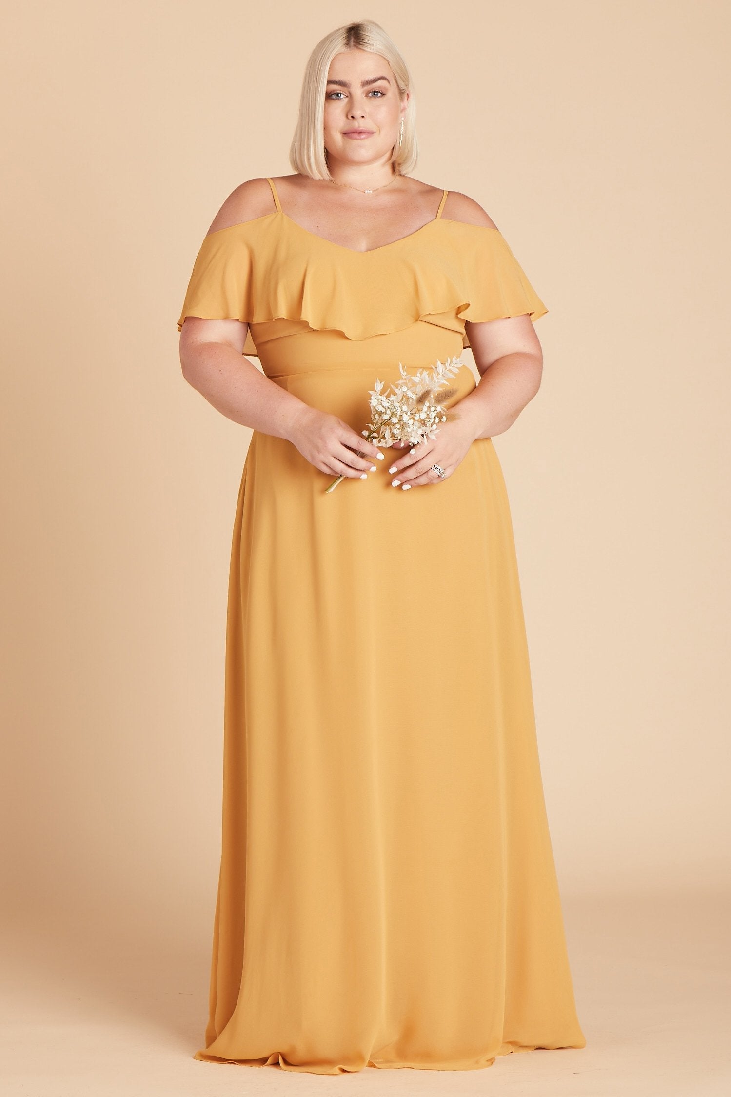 Jane convertible plus size bridesmaid dress in marigold chiffon by Birdy Grey, front view