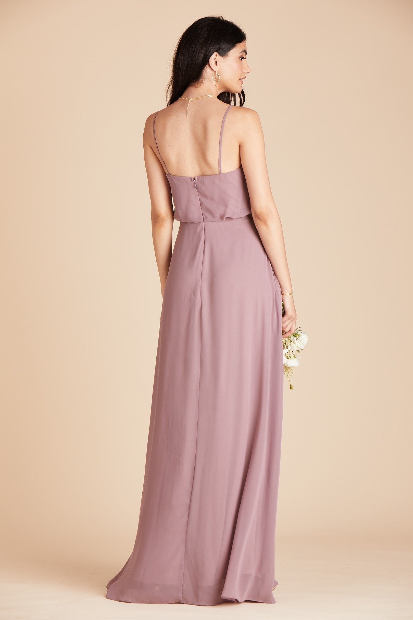 Gwennie bridesmaid dress with slit in dark mauve chiffon by Birdy Grey, back view