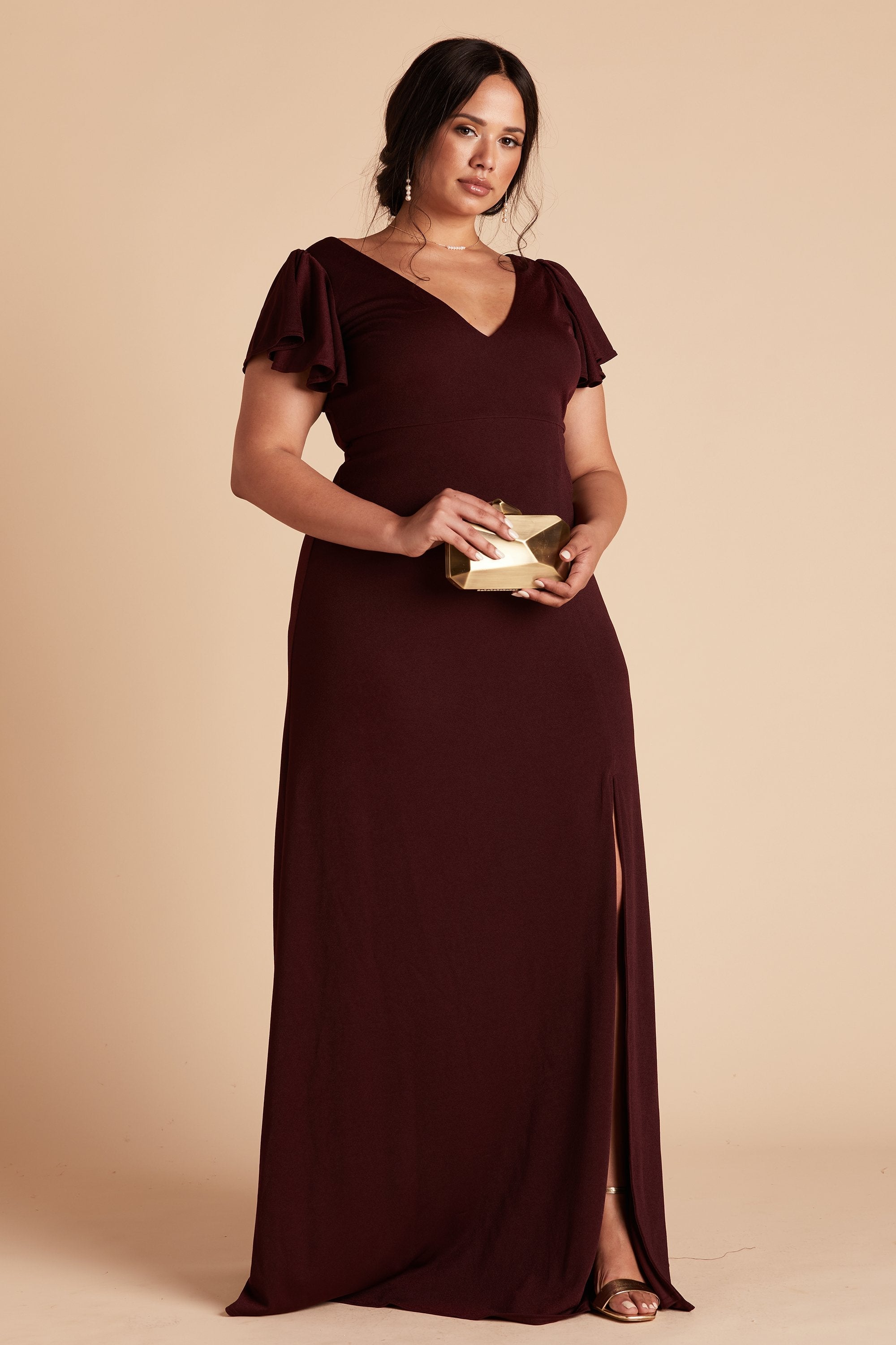 Hannah plus size bridesmaid dress with slit in cabernet burgundy crepe by Birdy Grey, front view