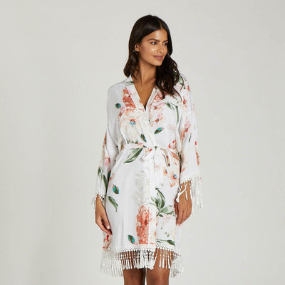 Floral Tassel Robe in white by Birdy Grey, front view