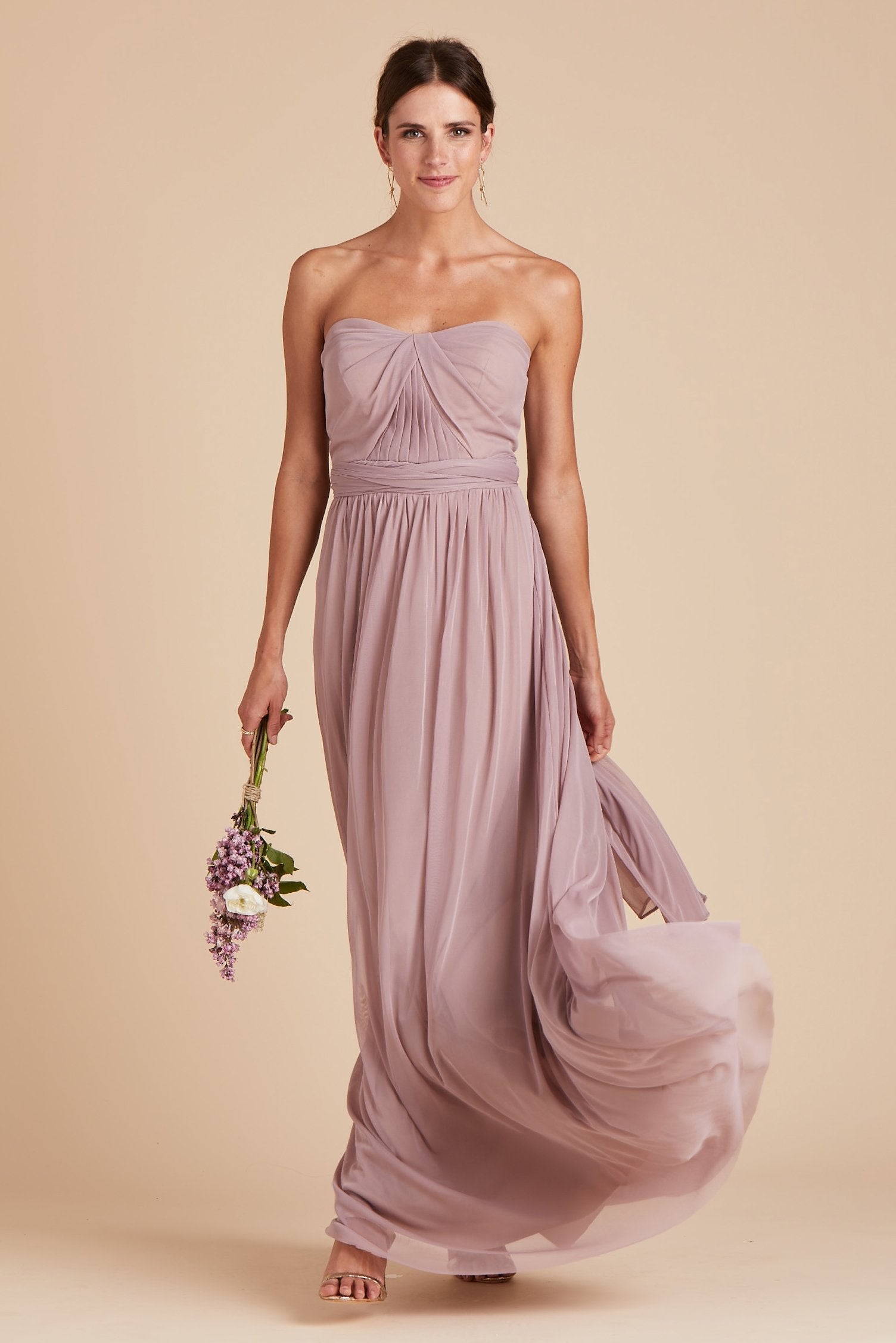 Chicky convertible bridesmaid dress in mauve purple mesh by Birdy Grey, front view