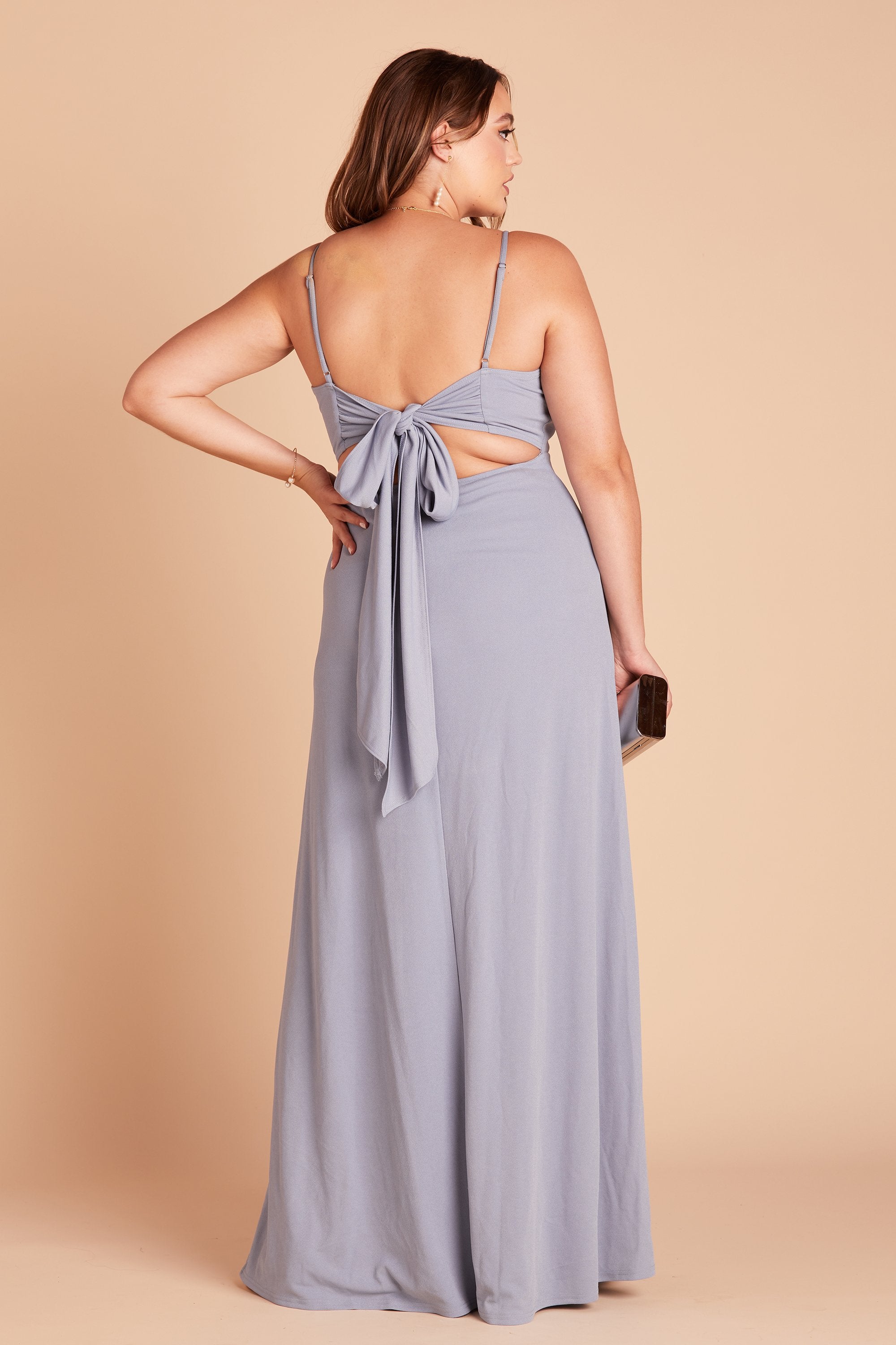 Benny plus size bridesmaid dress in dusty blue crepe by Birdy Grey, back view