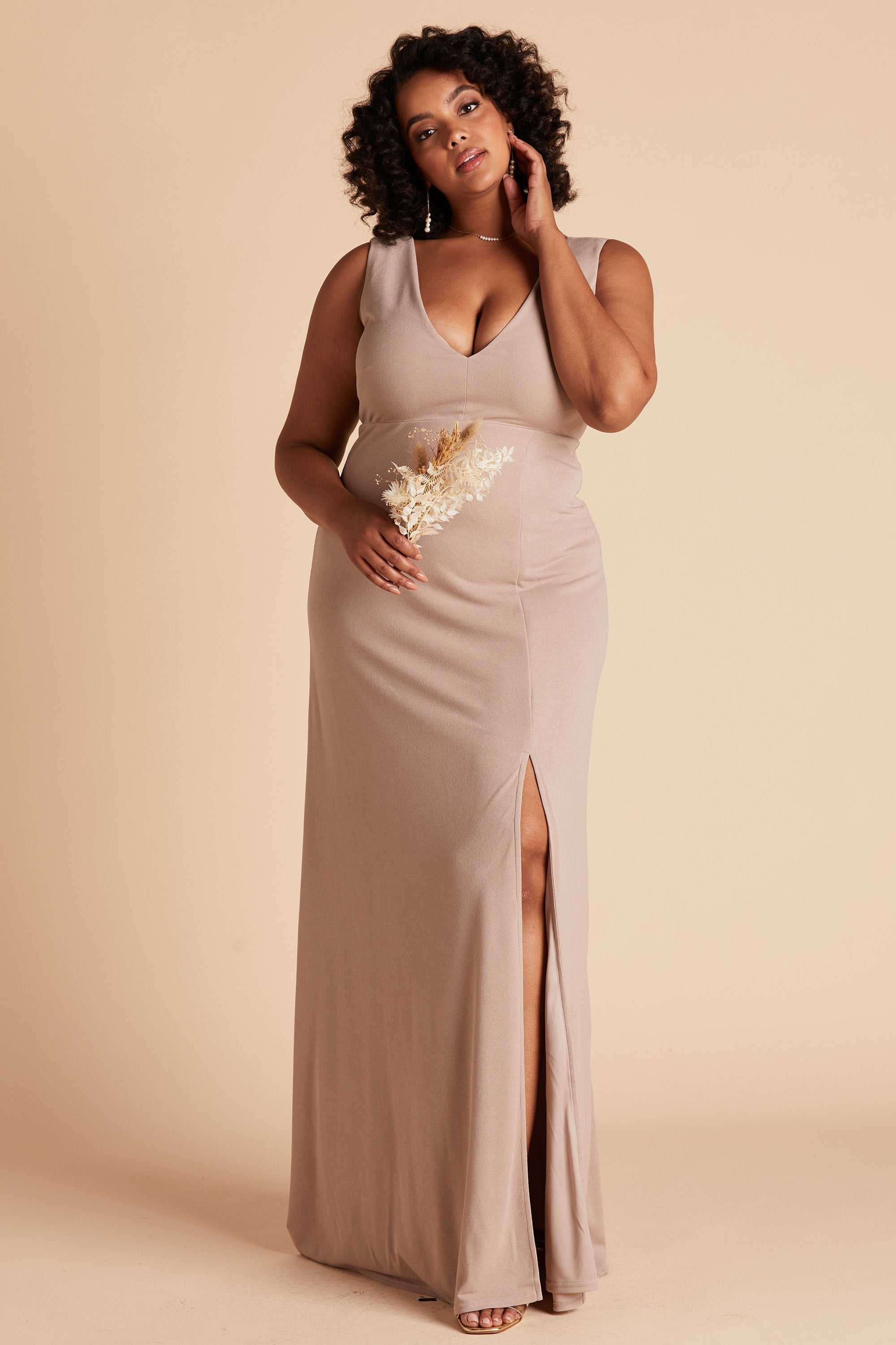 Shamin plus size bridesmaid dress with slit in taupe crepe by Birdy Grey, front view