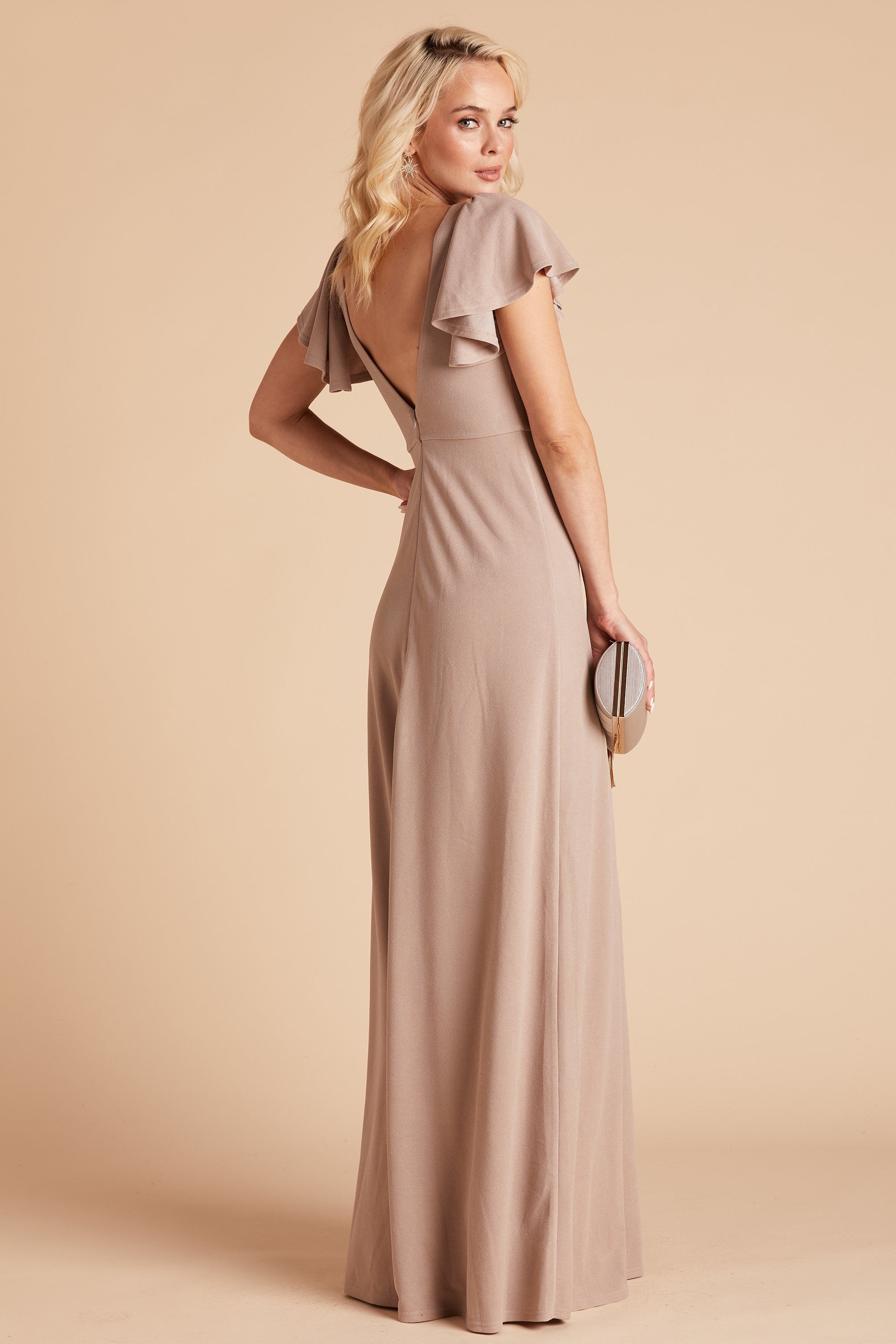 Hannah bridesmaid dress with slit in taupe crepe by Birdy Grey, side view