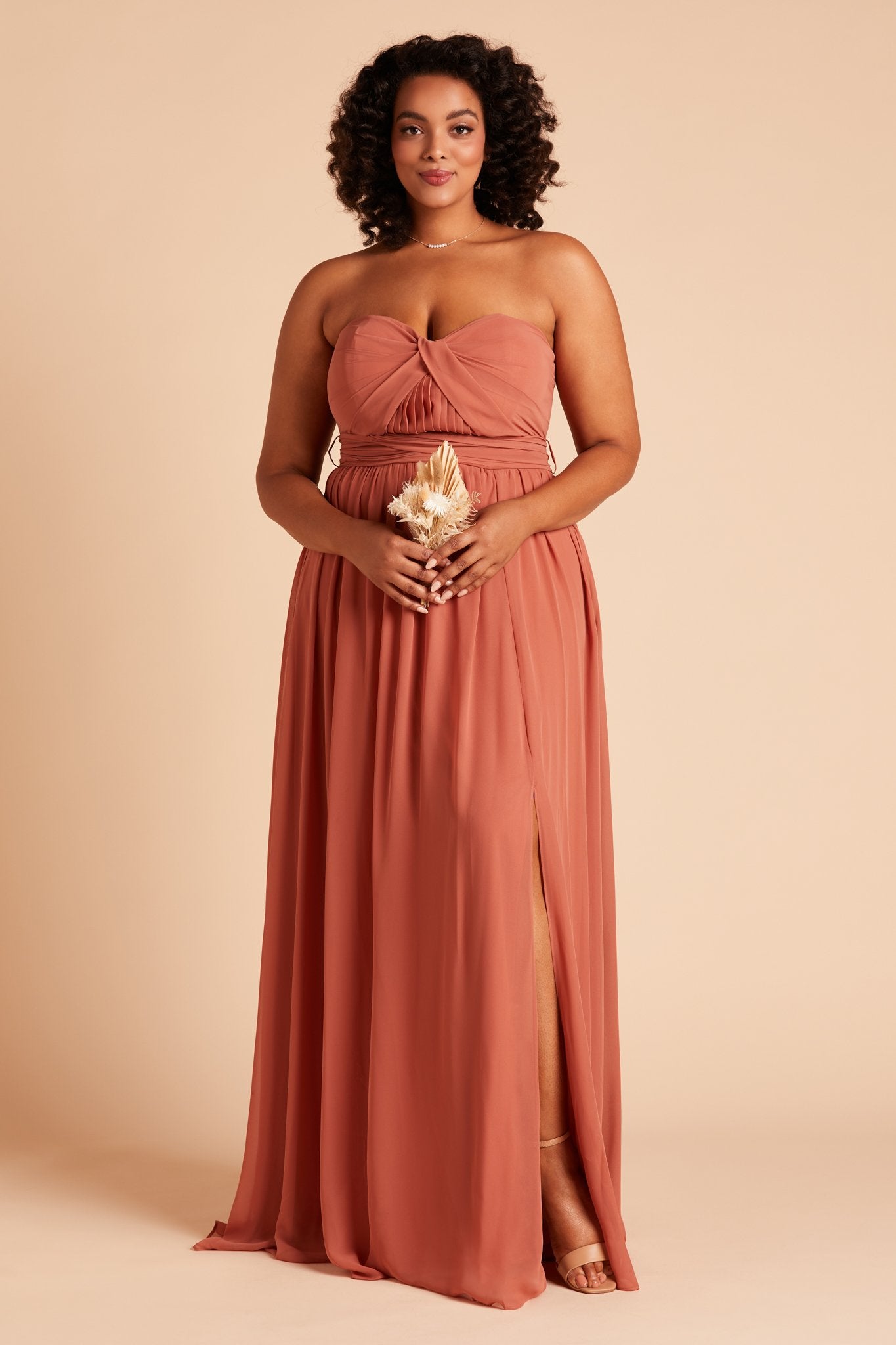 Grace convertible plus size bridesmaid dress with slit in terracotta orange chiffon by Birdy Grey, front view